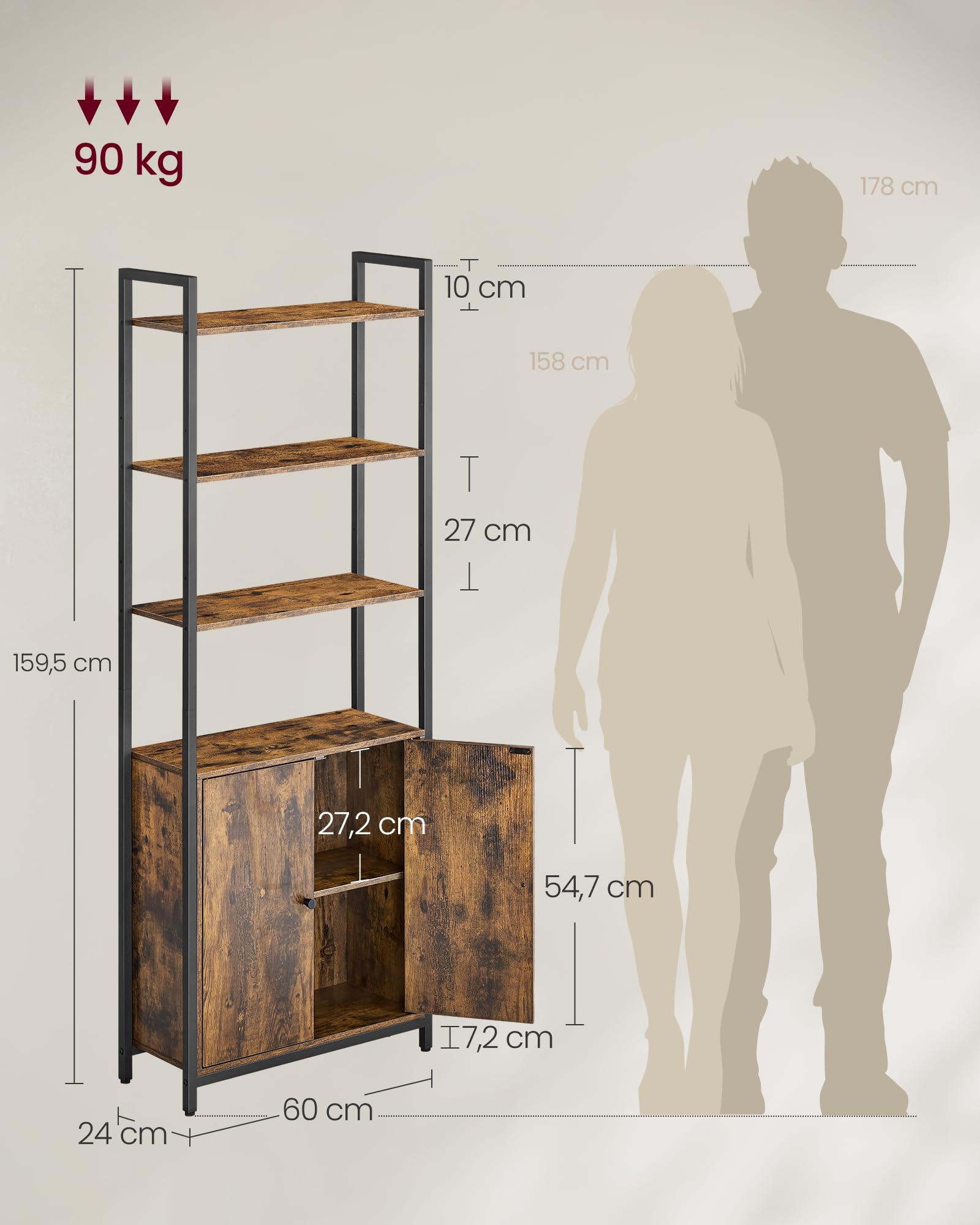 VASAGLE Bücherregal 6 Ebenen Standregal mit Türen Metallrahmen verstellbare Ablagen 24 x 60 x 159,5 cm vintagebraun-tintenschwarz