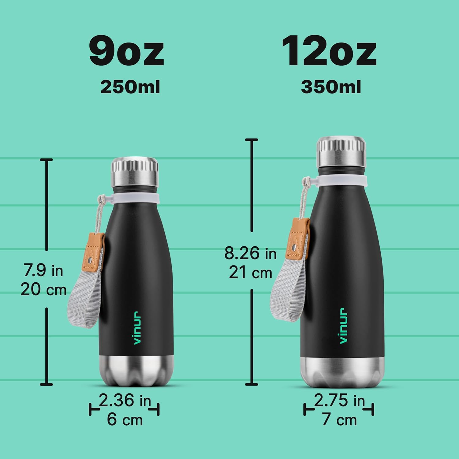 VINUR Kids Water Bottle-9 oz Stainless Steel Double Wall Vacuum Insulated Water Bottle for School-Cola Shape Flask with Carry Rope(Black) - Image 5