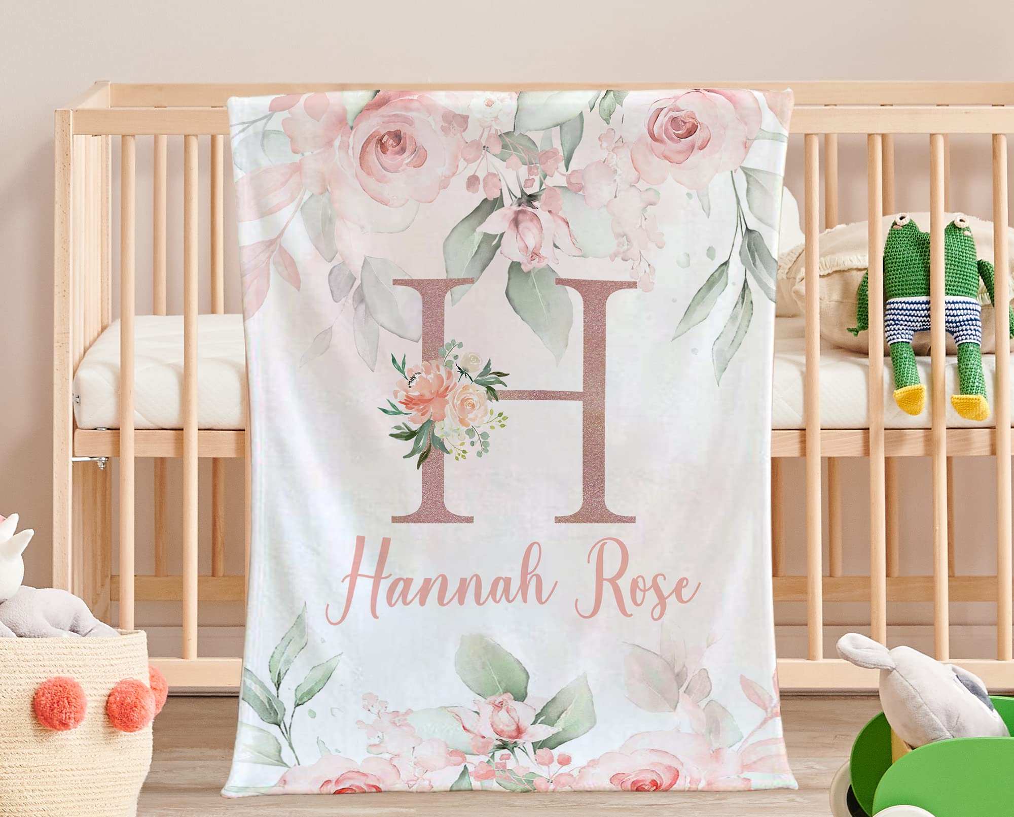 Personalized Baby Blanket With Name – Soft Micro Fleece Floral Blanket For Newborn Girls, Custom Gift