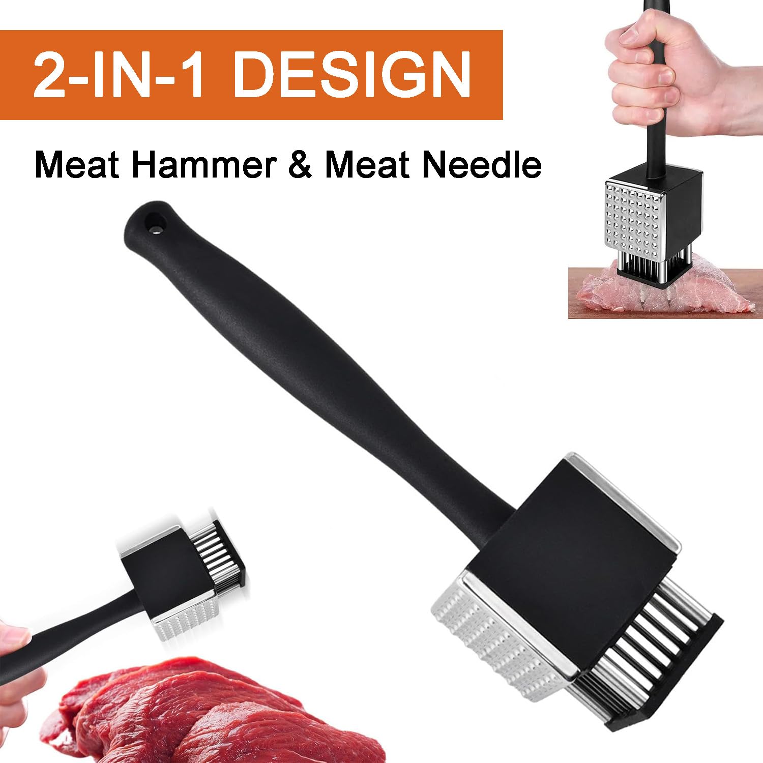 EASYLEE Meat Tenderizer Tool, Meat Mallet and Meat Needle 2-in-1 Dual-Sided Meat Hammer Tenderizer with 42 Stainless Steel Ultra Sharp Blade Needle, for Tenderizing Steak Beef Chicken Pork Fish...