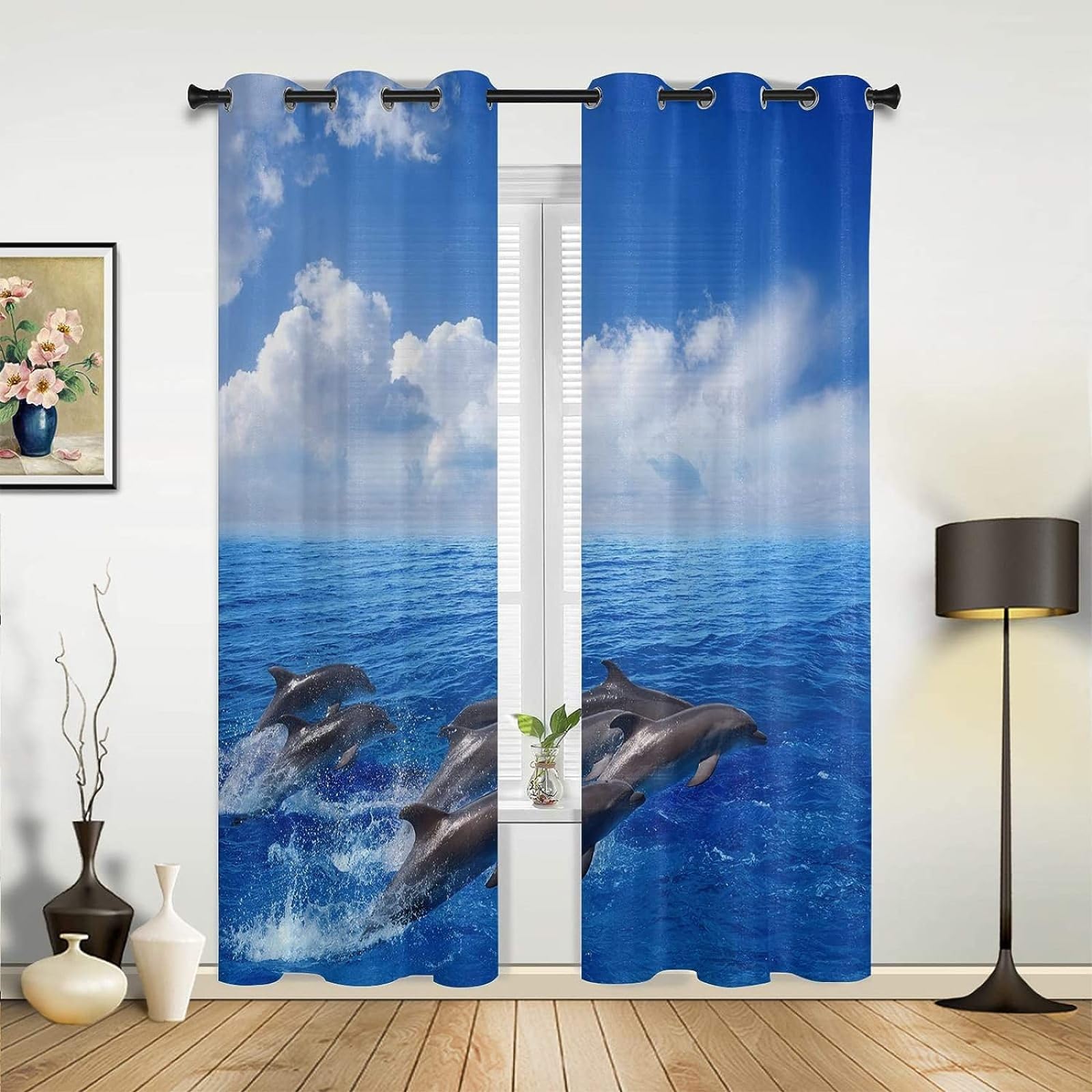 Cartoon-Delfin Blickdicht Vorhänge, Blauer Himmel-Druck Deko Gardinen mit Ösen für Wohnzimmer Schlafzimmer 2er Set 2 x 140B x 260H cm