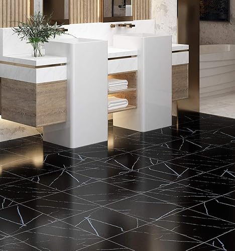 Miniatura 3 de Livelynine Azulejos de vinilo autoadhesivos de mármol negro de 12 x 12 pulgadas para despegar y pegar, azulejos de suelo impermeables para suelos
