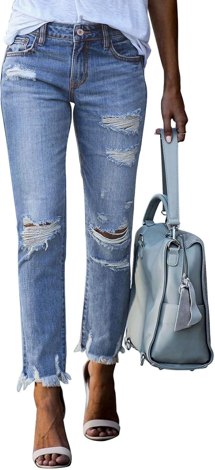 Sidefeel Women's Ripped Jeans Straight Leg Distressed Boyfriend Denim Pants