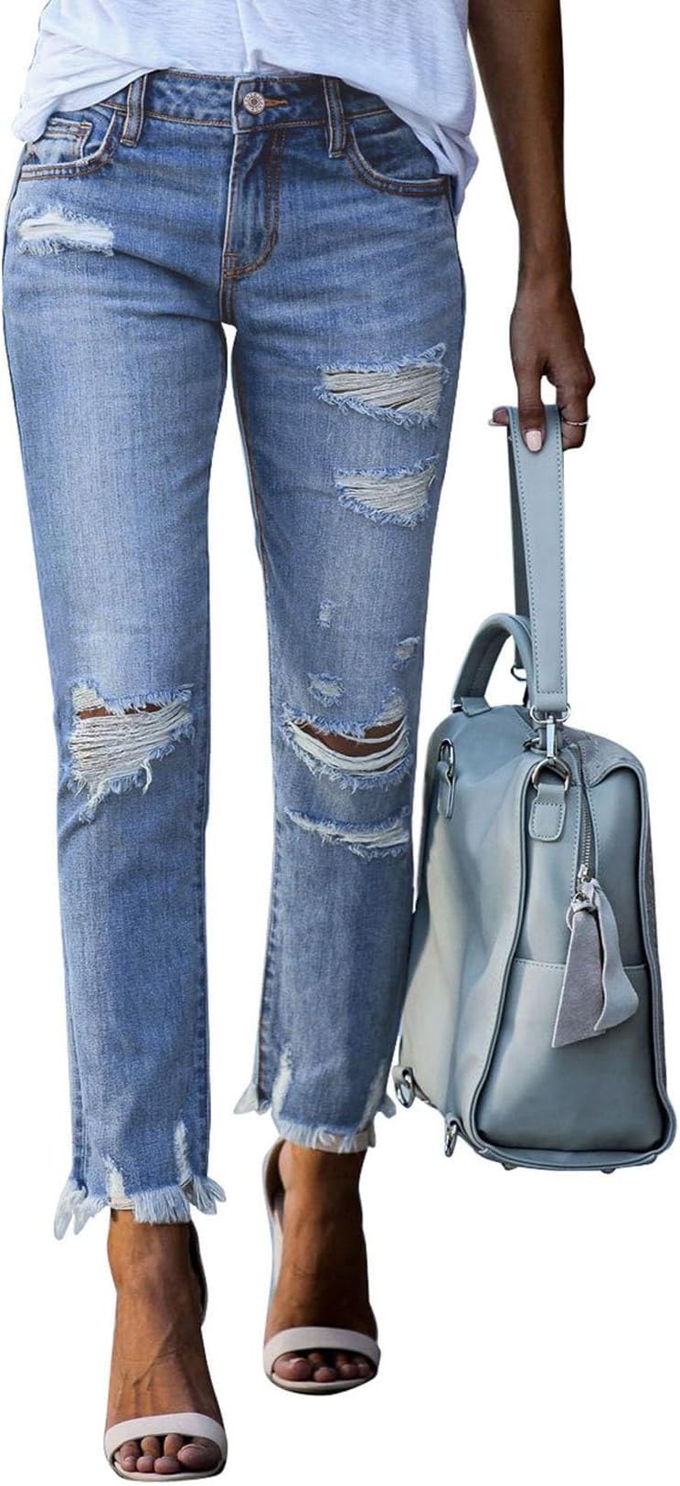 Women's Ripped Jeans Straight Leg Distressed Boyfriend Denim Pants