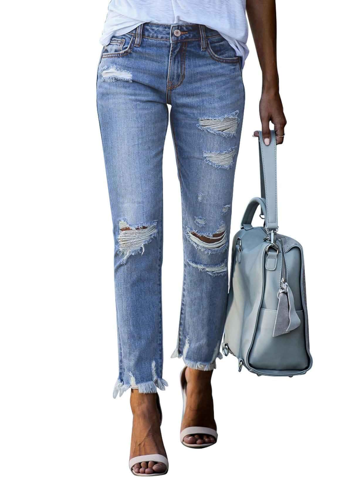 Sidefeel Women's Ripped Jeans Straight Leg Distressed Boyfriend Denim Pants High Waisted,Ripped,Stretch Denim Fabric,Ankle Length,Raw Hem Jeans,5 Pockets,All Seanson Wear
