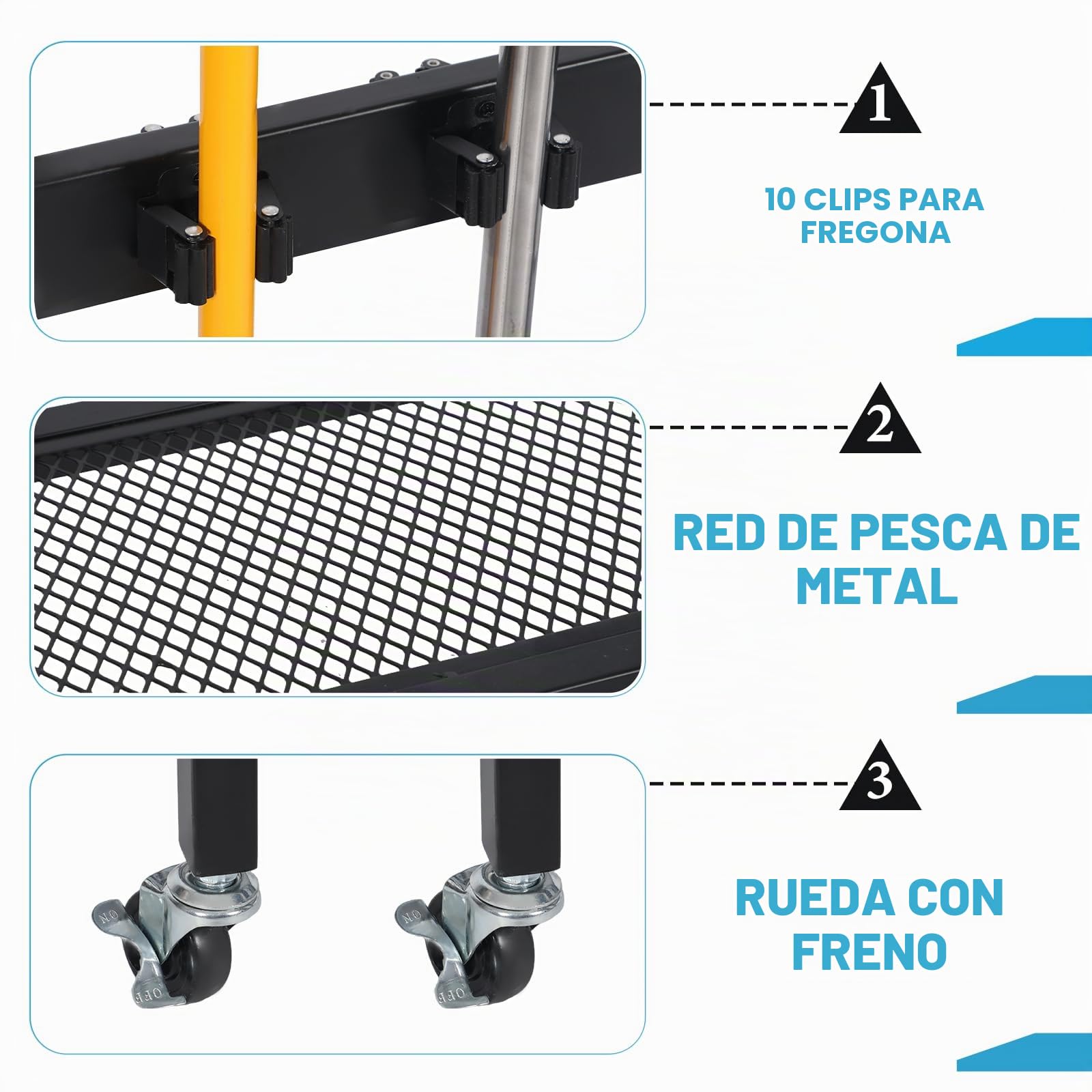 Carro de limpieza 85 × 62 × 30 cm – Carro de limpieza móvil con soporte para fregona y soporte para escobas, 6 ruedas con 3 frenos, 6 soportes para herramientas y 2 ganchos dobles, 3 estantes – Hogar