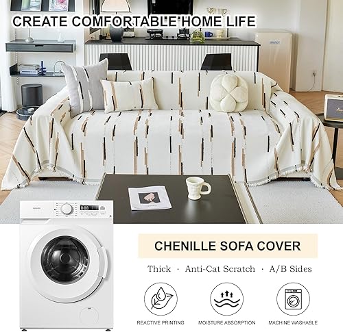 Miniatura 4 de STACYPIK Funda de sofá de felpilla súper suave para mascotas, protector de sofá antiarañazos para sofás de 3 cojines, funda blanca a rayas