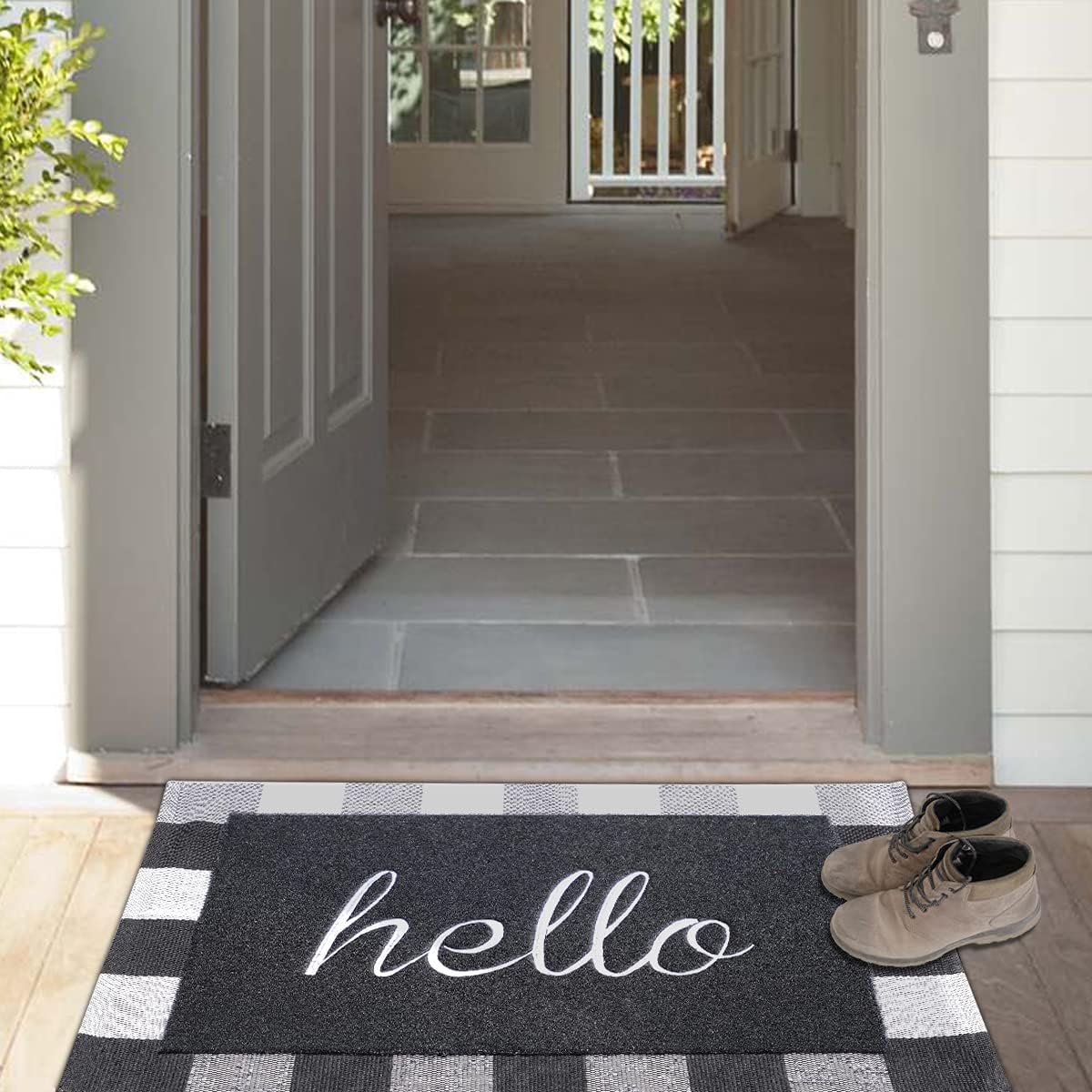 LAN SHAN QUE Hello Welcome Mat with Non Slip Rubber Backing+Buffalo Plaid Rug 24”x36” for Layered,Decorative Outdoor Indoor Combo Set Doormat,High Traffic Areas Front Door Rug
