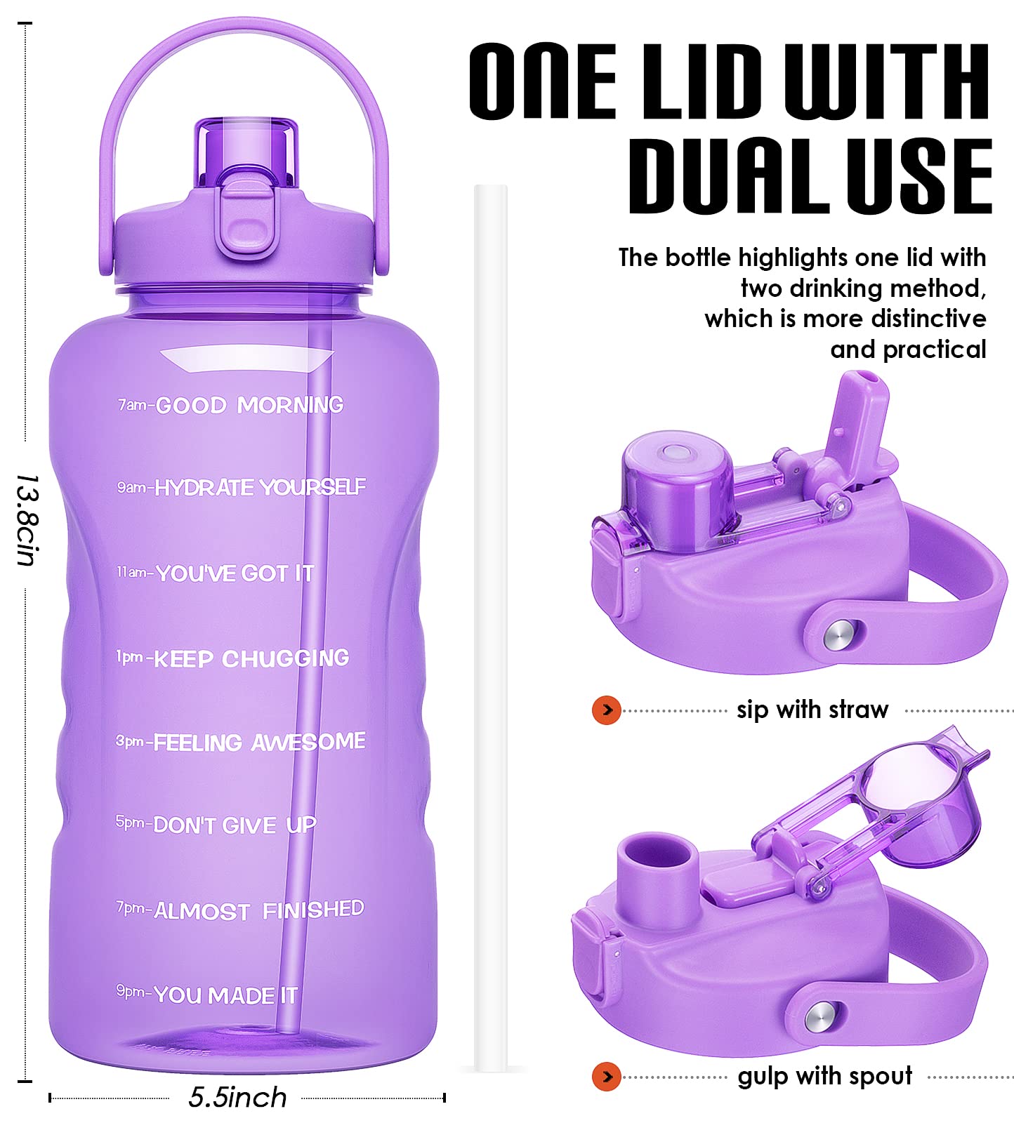 HydroPal Wasserflaschen mit Strohhalm, 3.6 l Wasserflasche Wasserkrug BPA-frei, auslaufsichere Sportflasche mit Zeiten zum Trinken, perfekt für Fitness, Camping, Outdoor (3.6 l Amethyst) | Innovativer 2-in-1-Deckel mit Trinkzeiten, motivierend, groß, für