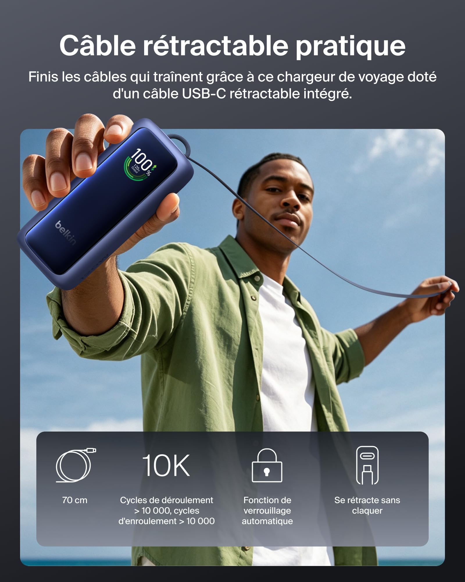 Belkin UltraCharge Batterie Externe 22000mAh, 120W, câble USB-C rétractable