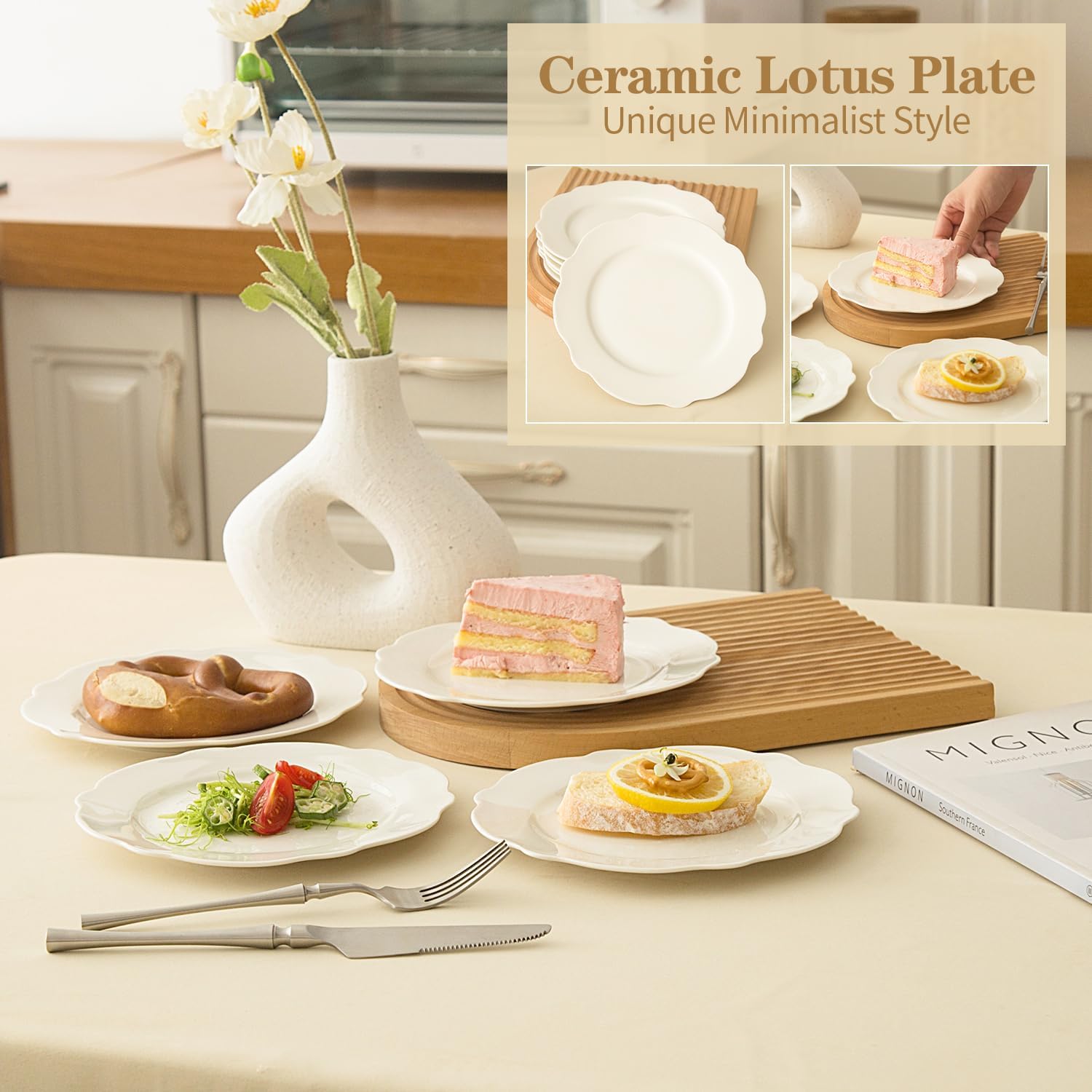 7.5 Inch Porcelain Small Dinner Plates Set of 12, White Leave Wave Rim Appetizer Plates, Dessert Salad Plates, Ceramic Serving Dishes for Cake, Snack, Ice Cream, Waffles, Microwave, Dishwasher Safe