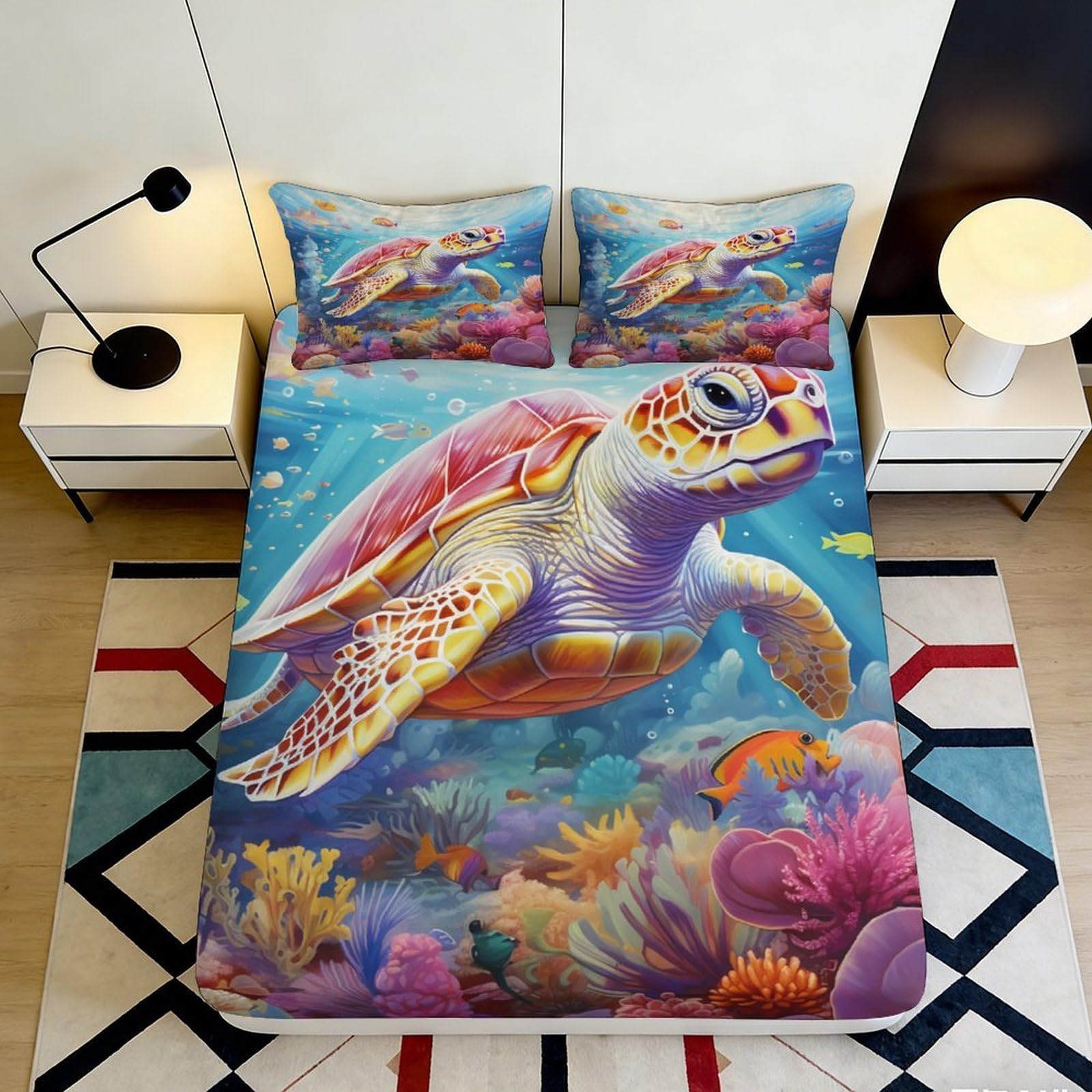 3D Printed Sea Turtle Fitted Sheet Microfiber Soft Durable Underwater Pattern Bed Cover for Bedroom Dormitory Guest Room Mattress Protection 120x200x25cm