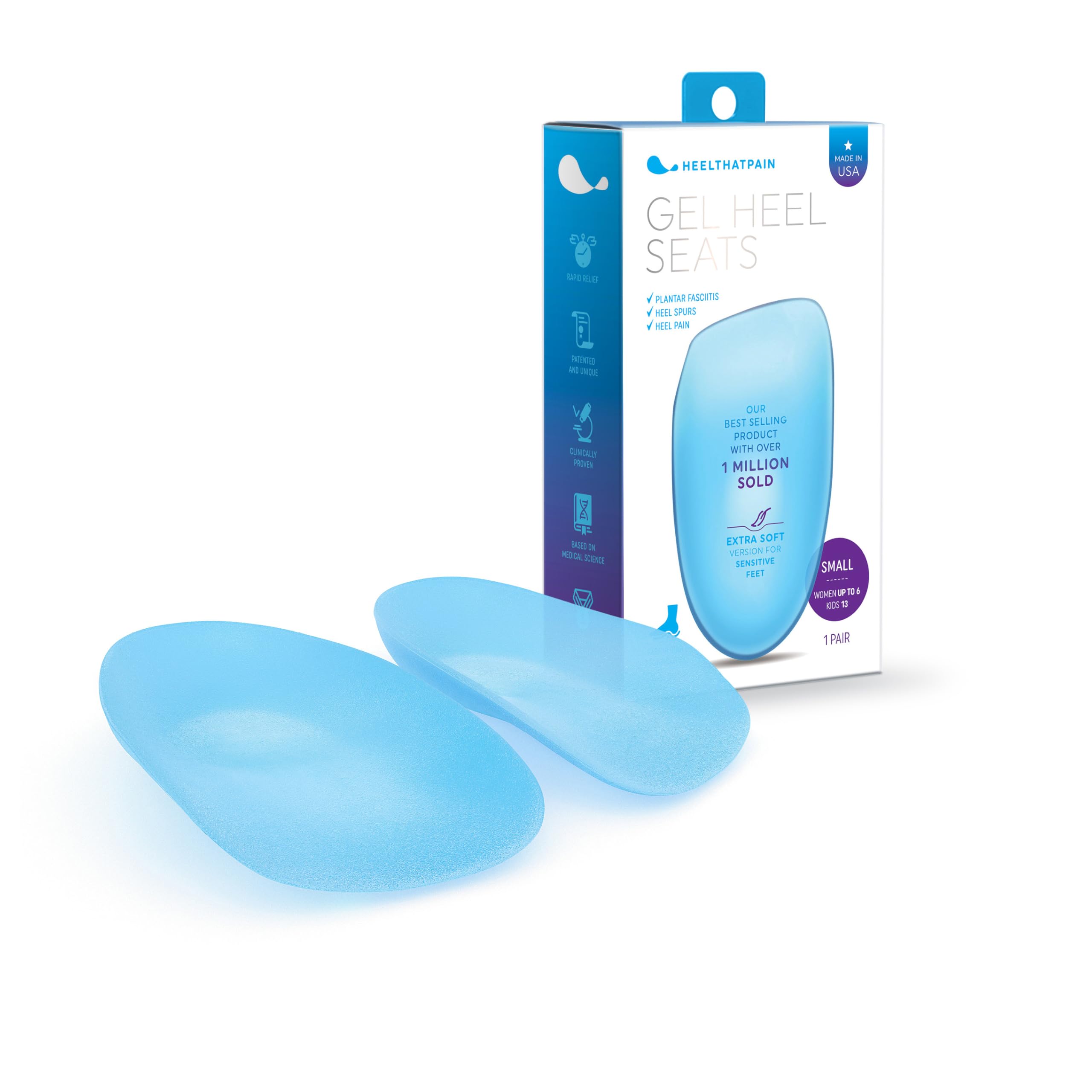 Heel That Pain® Gel Heel Seats® Insoles for Plantar Fasciitis, Heel Pain, and Heel Spurs - Patented Fascia-Bar® Orthotic Heel Cups - Soft Gel, Small (Women's 5-6)