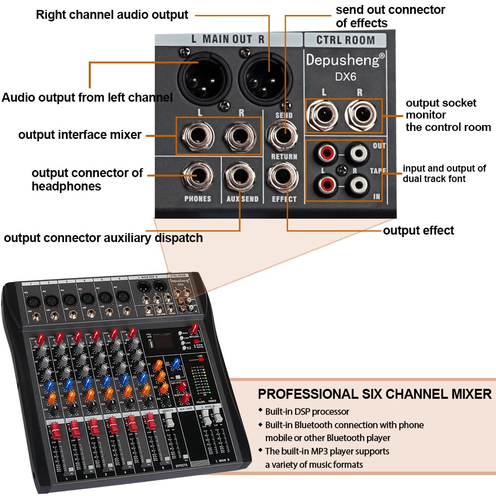 Depusheng DX6 Mixer Professionale Scheda Audio Console 6 Canali Desk System Interface Ingresso USB MP3 Digitale 48V Phantom Power DJ Studio FX Telaio in Acciaio, Mixer Audio Bluetooth Nero per PC