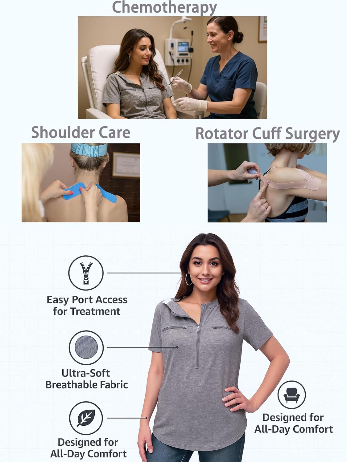 Chemo Port Shirts for Women 2 Side Snaps Short Sleeve Port Access Shirt Soft Dialysis Breast Cancer Recovery Clothing - Image 5