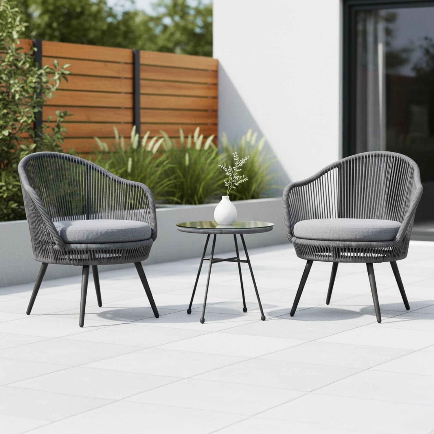 DEVOKO 3 Piece Outdoor Patio Handwoven Rope Crown Shape Chair With Glass Top Side Table For Garden, Pool, Deck, Backyard, Balcony (Dark Grey & Grey), (61 X 61 X 81Cm)