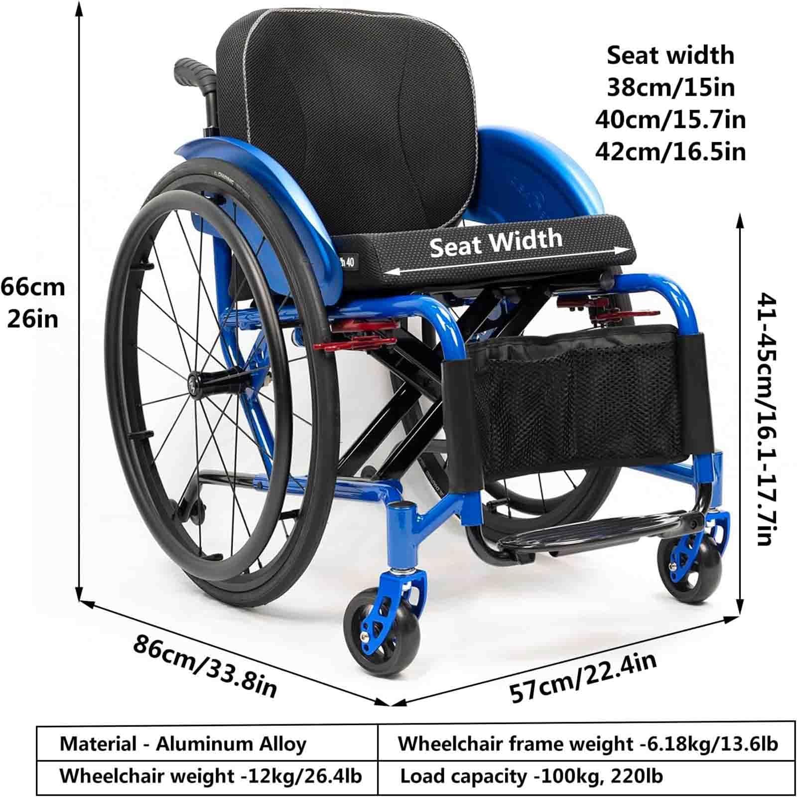 Przenośny wózek inwalidzki, składany terenowy, ultralekki, sportowy, samojezdny, ze stopu aluminium, z ręcznym napędem (fioletowy A, szerokość siedziska 40 cm/15,7 cala)
