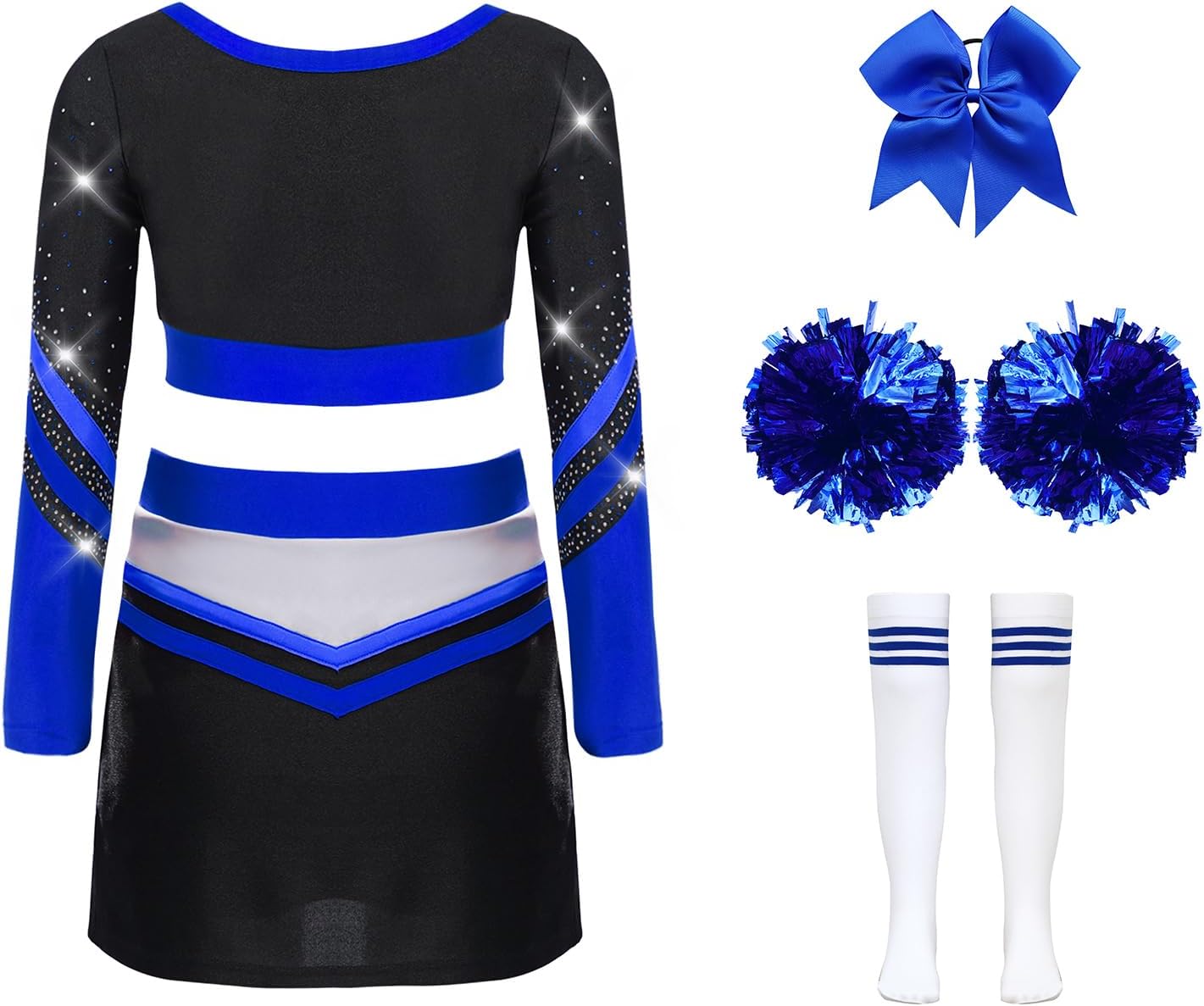 Loyan Girls Cheer Leader Uniform Cheerleading Costume Competition Party Outfit Top with Skirt Headwear Socks Pom-pom Blue 12 Years