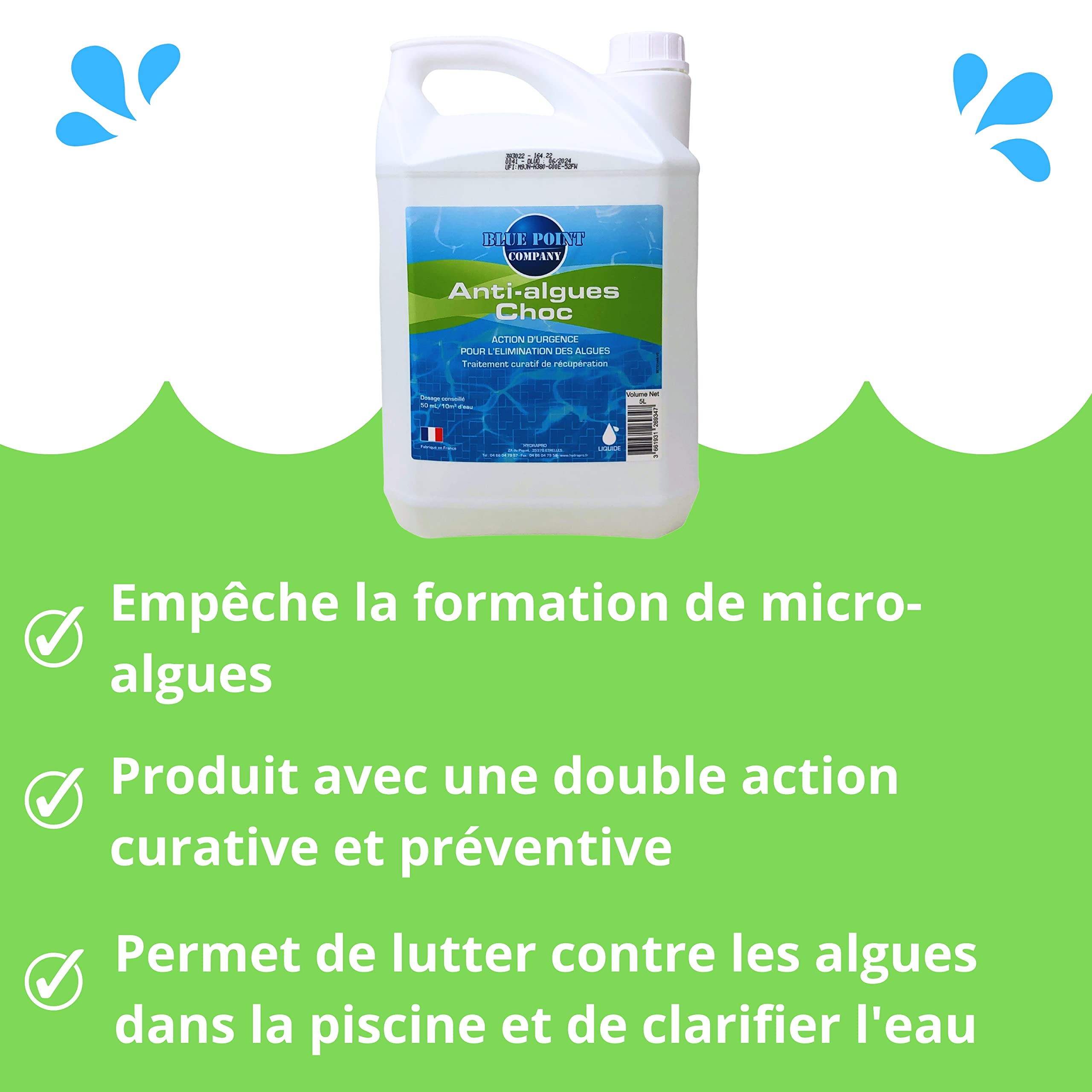 Algicide Anti-Algues Choc Piscine, rattrapage Eau Verte │Anti Eau Verte/Trouble, Traitement Anti-algues │Produit Double Action, Action d’Urgence Contre Les algues (5L)