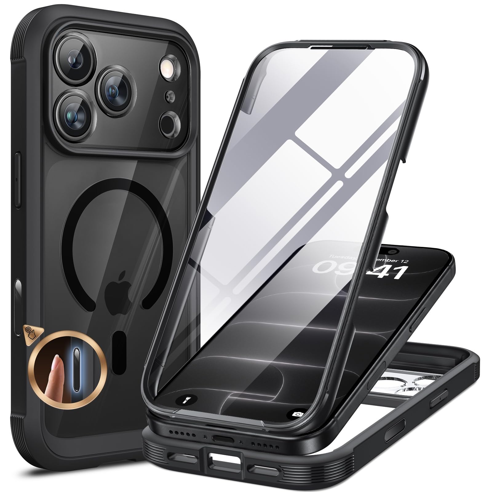 Miracase for iPhone 18 Pro Max Case with Built-in Screen Protector, Black | Full Camera Protector | Magnetic with MagSafe | 360° Phone Full Body Military DropProof 18 ProMax Bumper