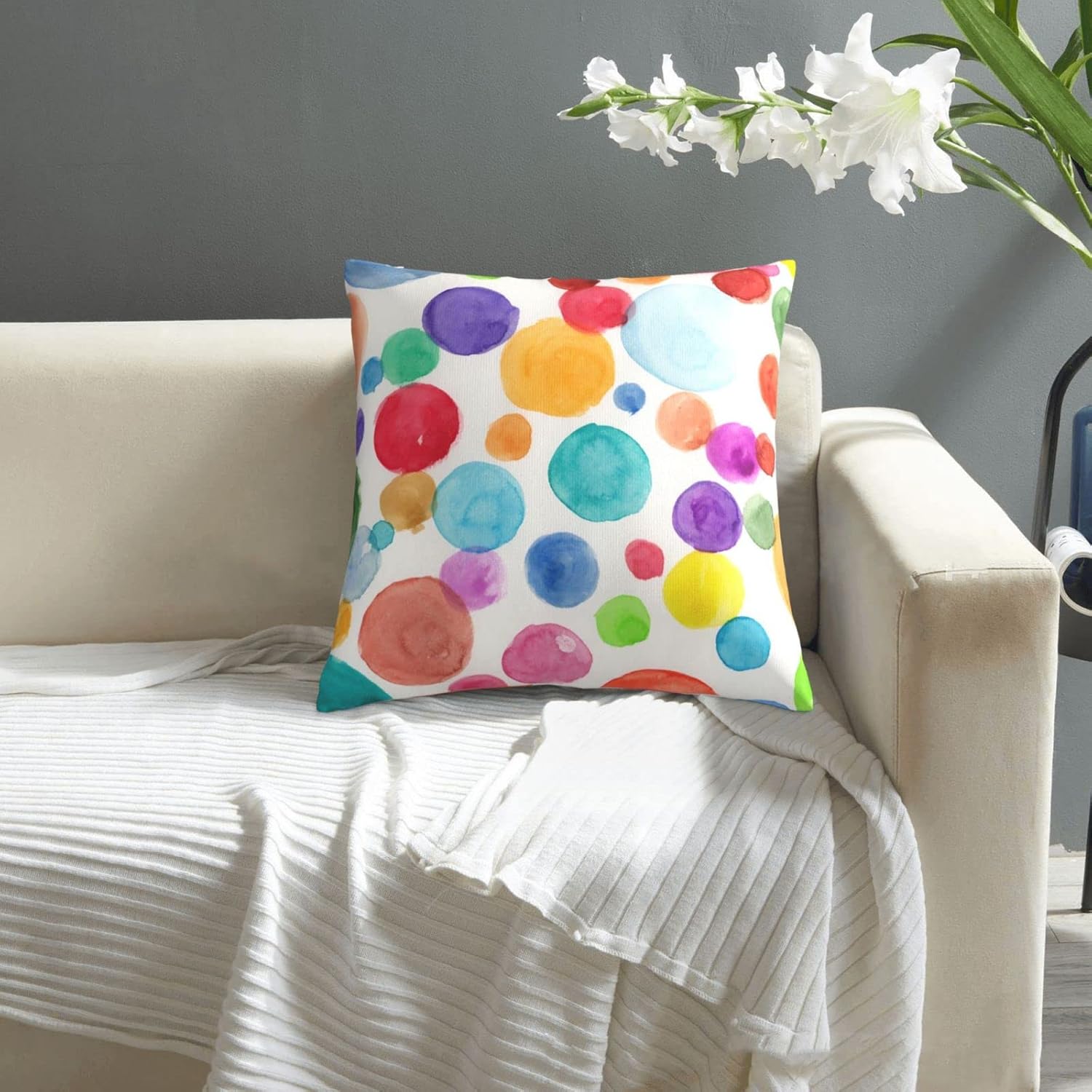 VARUN Throw Pillow Covers Watercolor Polka Dot Circles Rainbow Colorful Square Pillowcase for Home Decor Sofa Car Bedroom Pillow case 18x18inch - Image 7