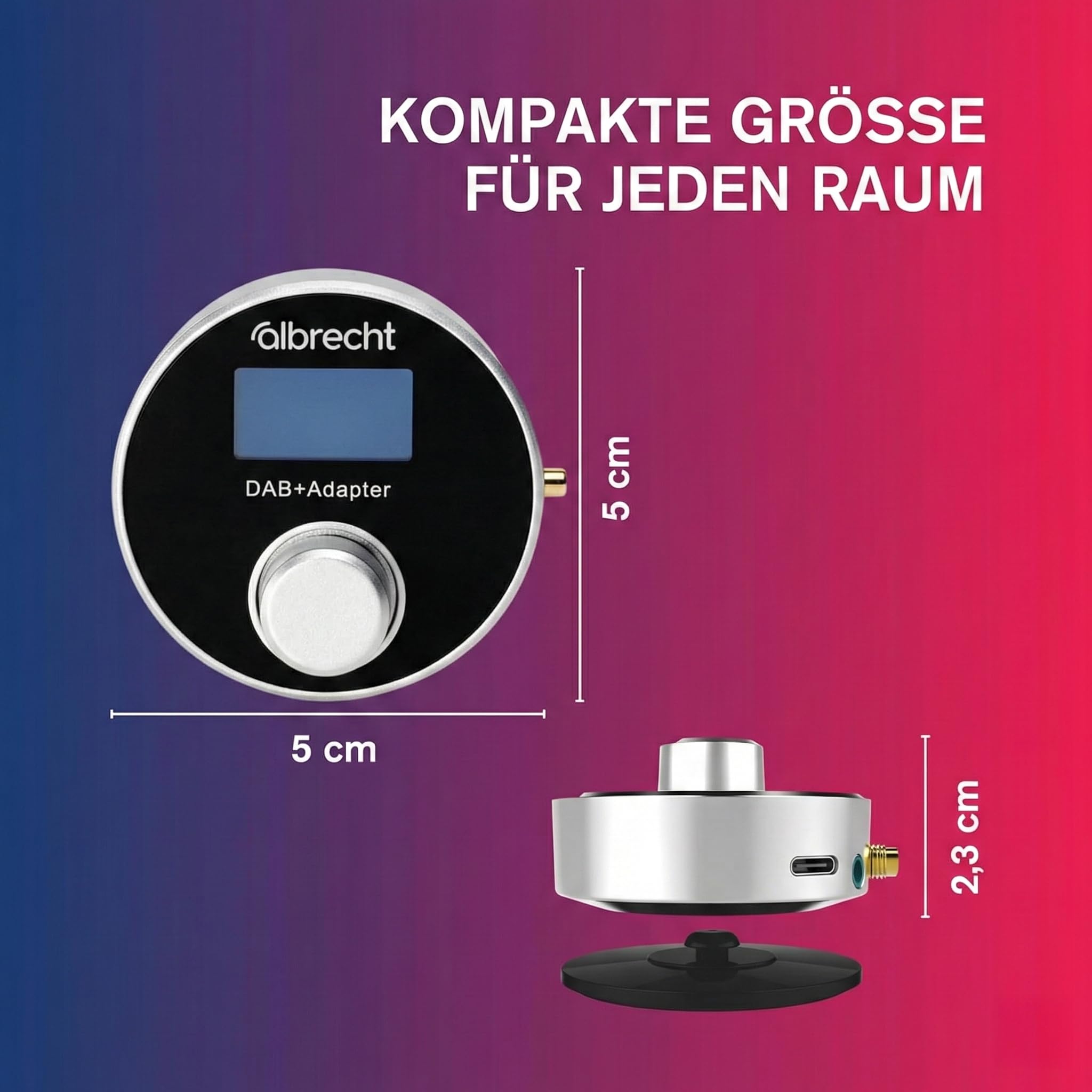 Albrecht DR 54 Digitalradio-Tuner, Mini Adapter mit FM-Transmitter, Aufrüsten von KFZ-Radios & heimischen Stereo-Anlagen, DAB + Sender-Empfang