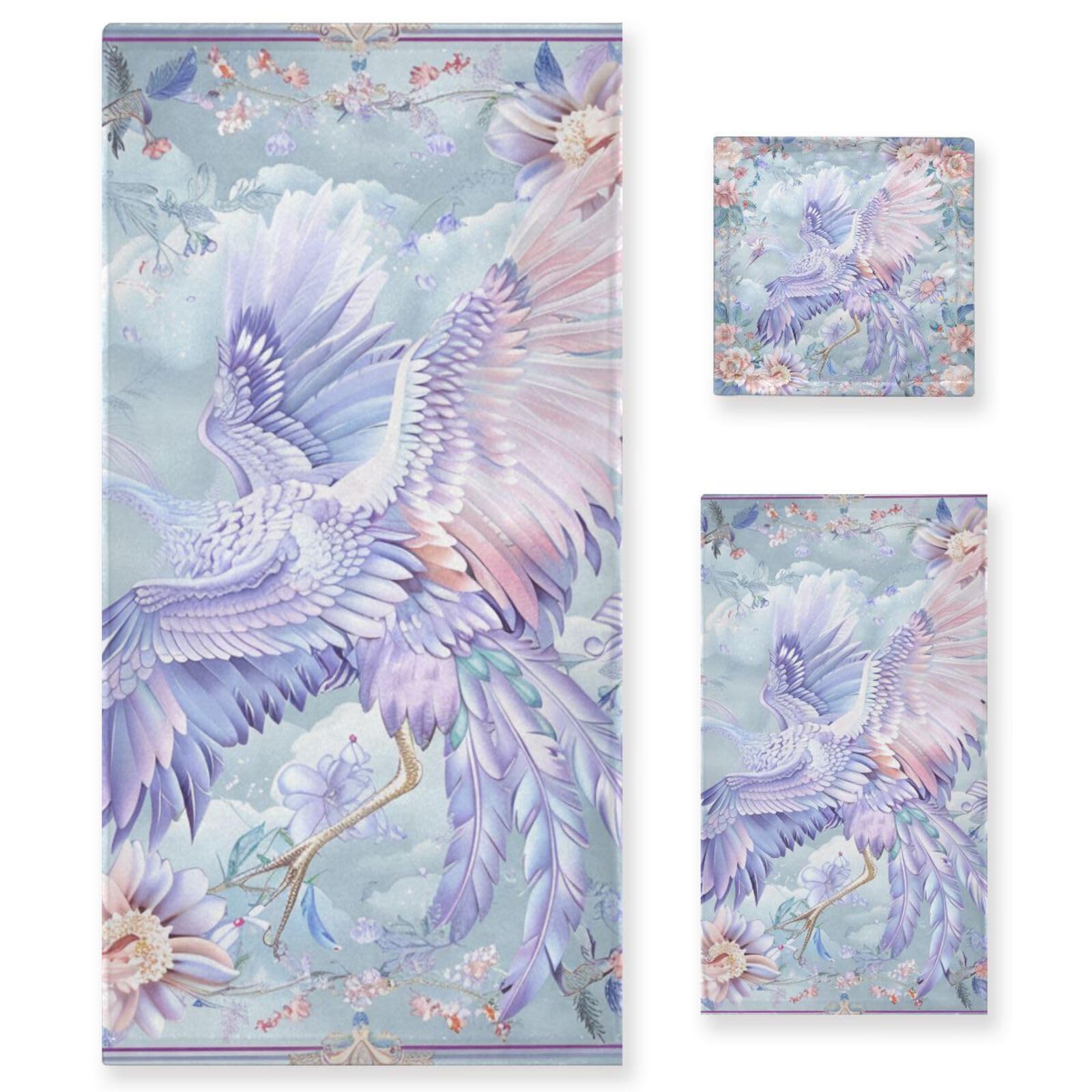 Set di 3 asciugamani morbidi in stile bohémien con fiori e gru viola, 1 asciugamano da bagno, 1 asciugamano per le mani, 1 panno per la casa, cucina e famiglia