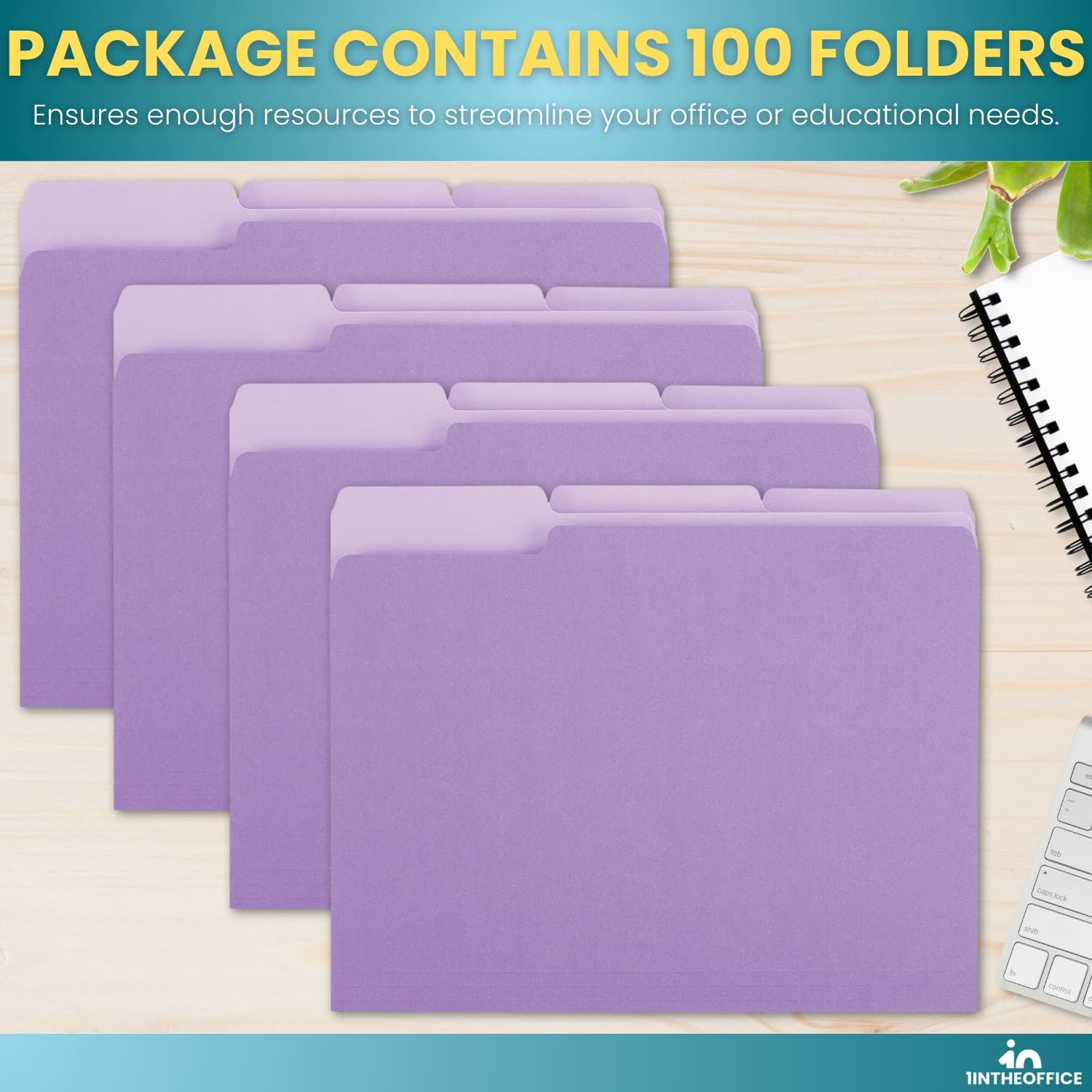 1InTheOffice Purple File Folders Top-Tab File Folders, 3 Tab, Purple, Letter Size, 100/Pack