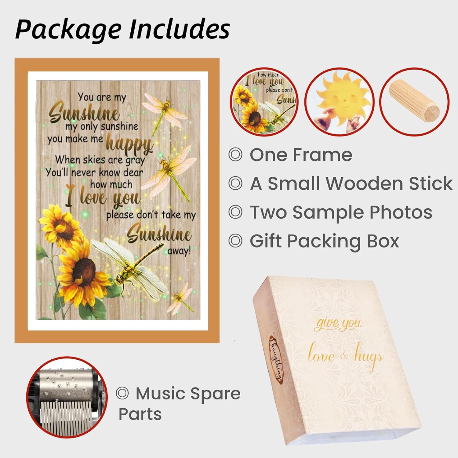 You are My Sunshine Wind up Music Box, Wooden Picture Frame, Gifts for Mom Wife Girls on Mother's Valentine's Day Thanksgiving (5x7)