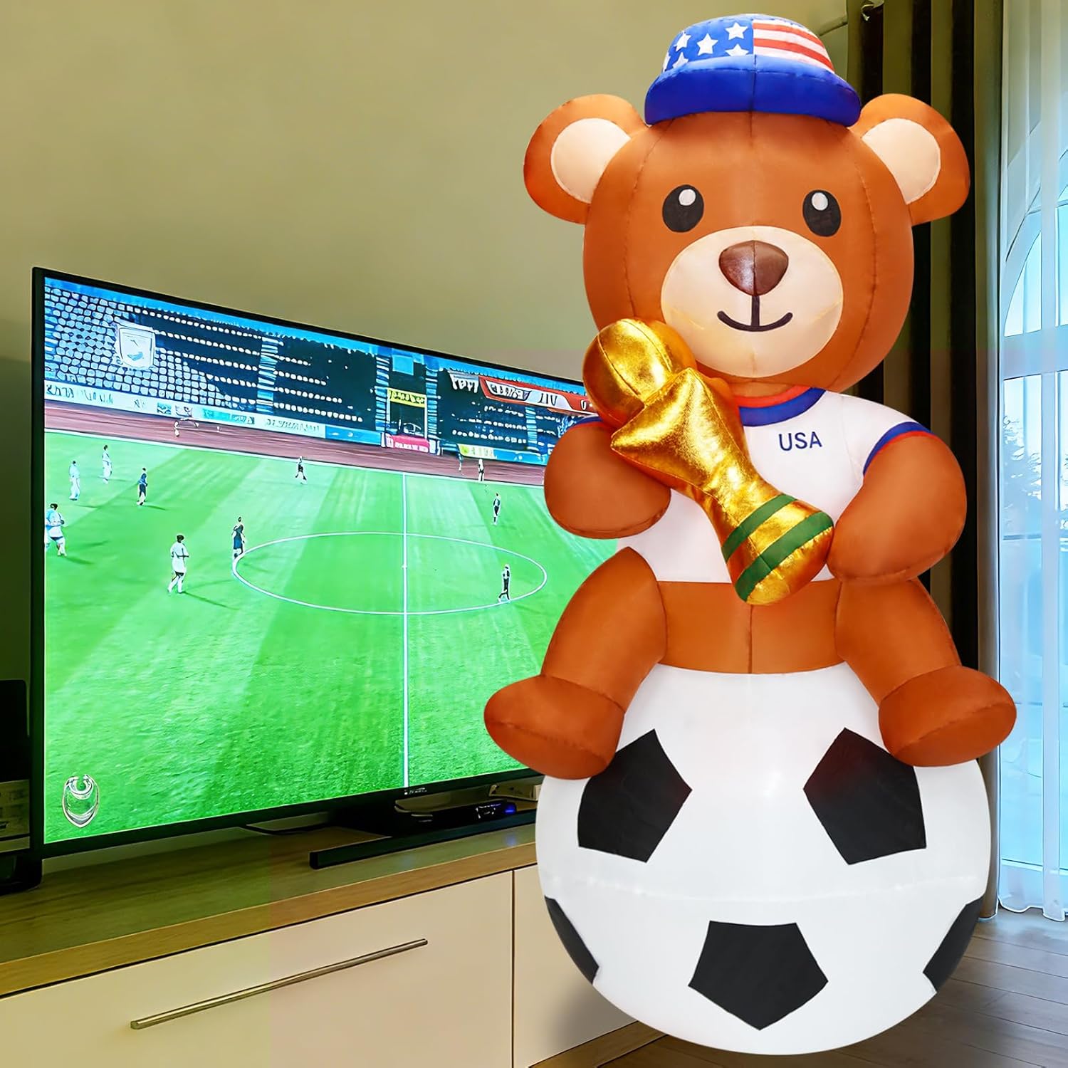 6FT Inflatable Teddy Bear Sitting On Soccer Ball Outdoor Decorations with Built-in LED Light, Blow Up Bear with Trophy & Football for Themed Party, Yard, Lawn, Garden, Game Day, Tailgate