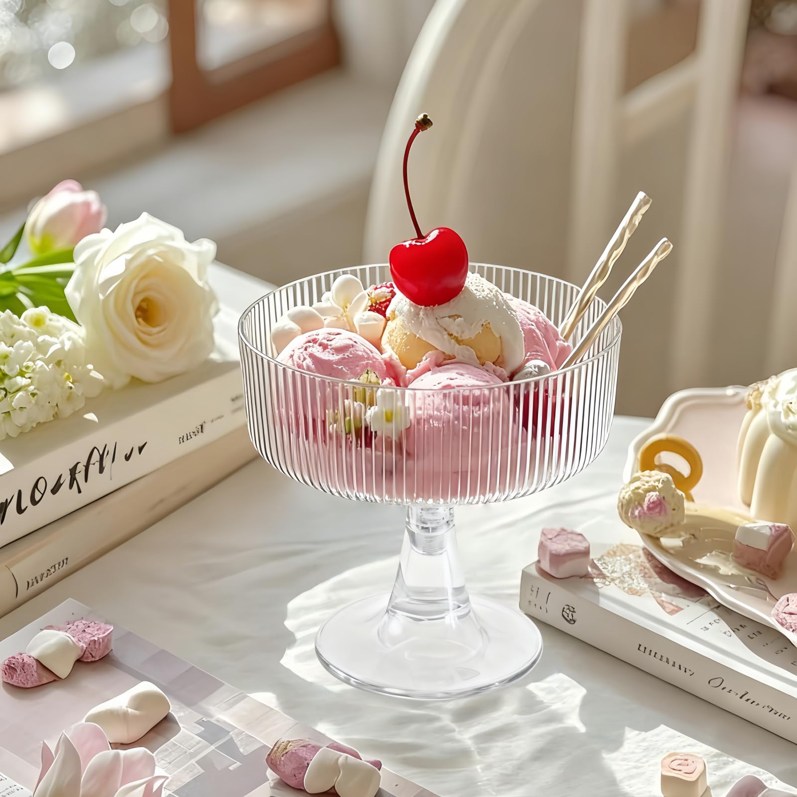 Condition photo showing New/Like New for 12 Pack Dessert Cups, Clear Ribbed Ice Cream Bowl with Retro Stripes, Mini Dessert Shooter for Pudding Fruit, Elegant Parfait/Sundae Bowls for Party & Home Use