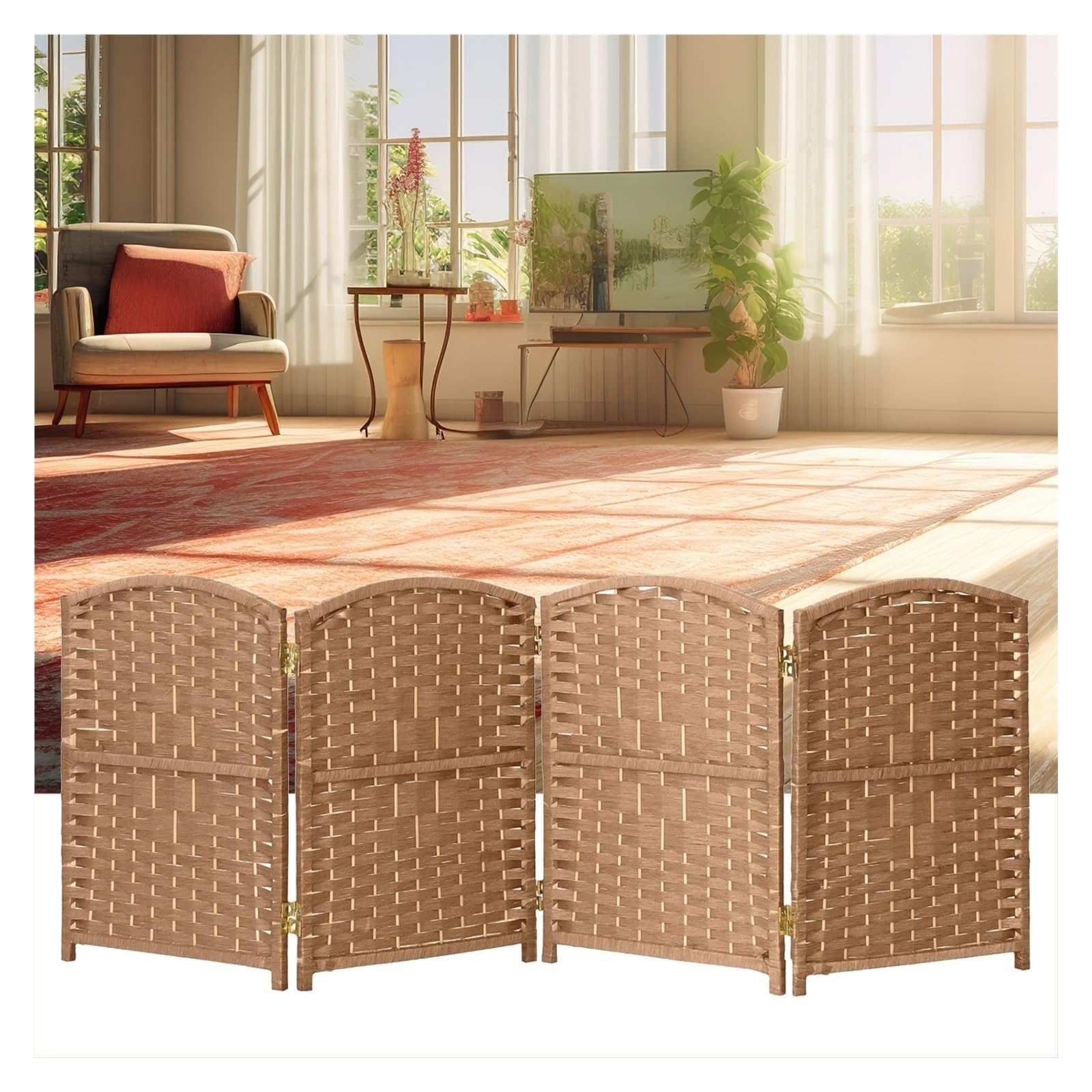 Krótki parawan do przebierania 4/5/6 paneli Wolnostojąca przegroda, przegroda do sypialni, parawan z rattanu(Light brown,80X40CM-4PCS)