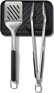 OXO Good Grips Grilling, 3pc Set - Tongs, Turner and Tool Rest, Black | Set Includes Stainless Steel Turner, Scalloped Tongs and Tool Rest, Ideal for Grilling and BBQ