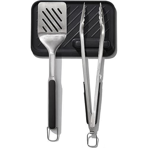OXO Good Grips Grilling Tools, 3pc Set-Tongs, Turner Rest, Black