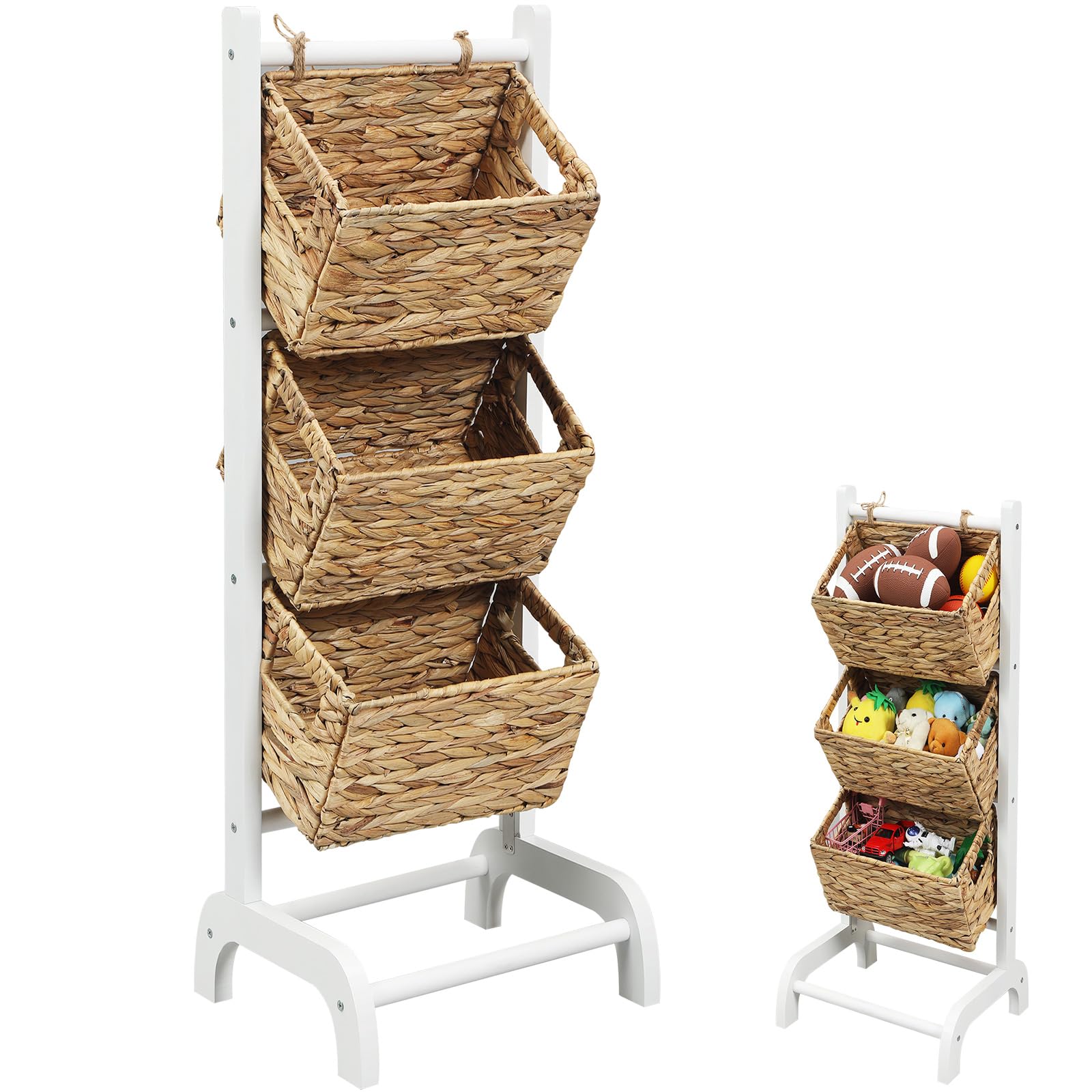 Wicker 3 Tier Foldable Storage Basket Floor Rack with Market Storage Basket Water Hyacinth Storage Rack Hand Woven Laundry Rack for Bathroom Kitchen Laundry Room Living Room Storage(White)