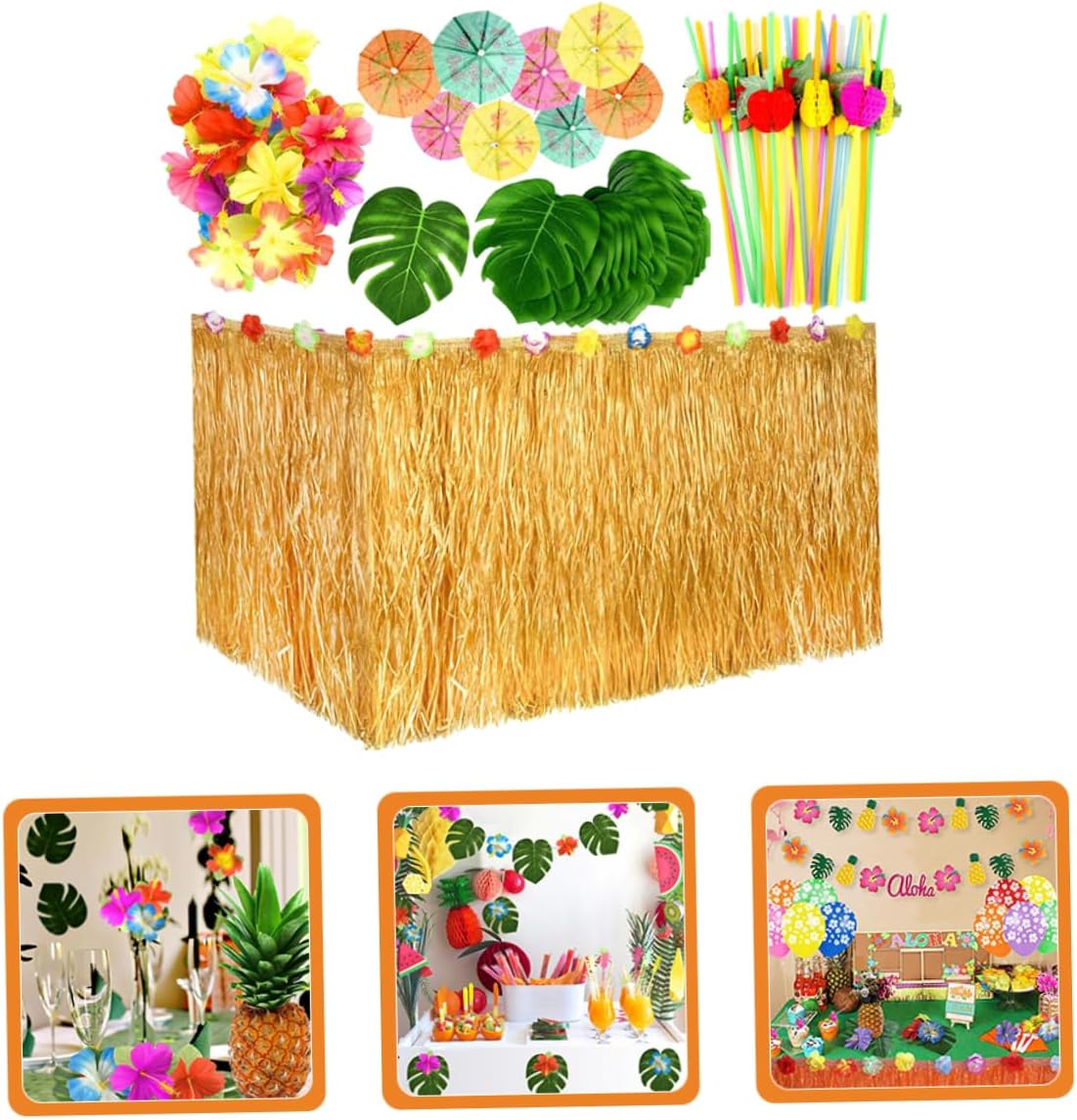 SOLUSTRE Tropical Hawaiian Party Decorations with Grass Table Skirt Paper Flowers Pineapple Flamingo and Umbrellas for Summer Festivities and Luau Celebrations