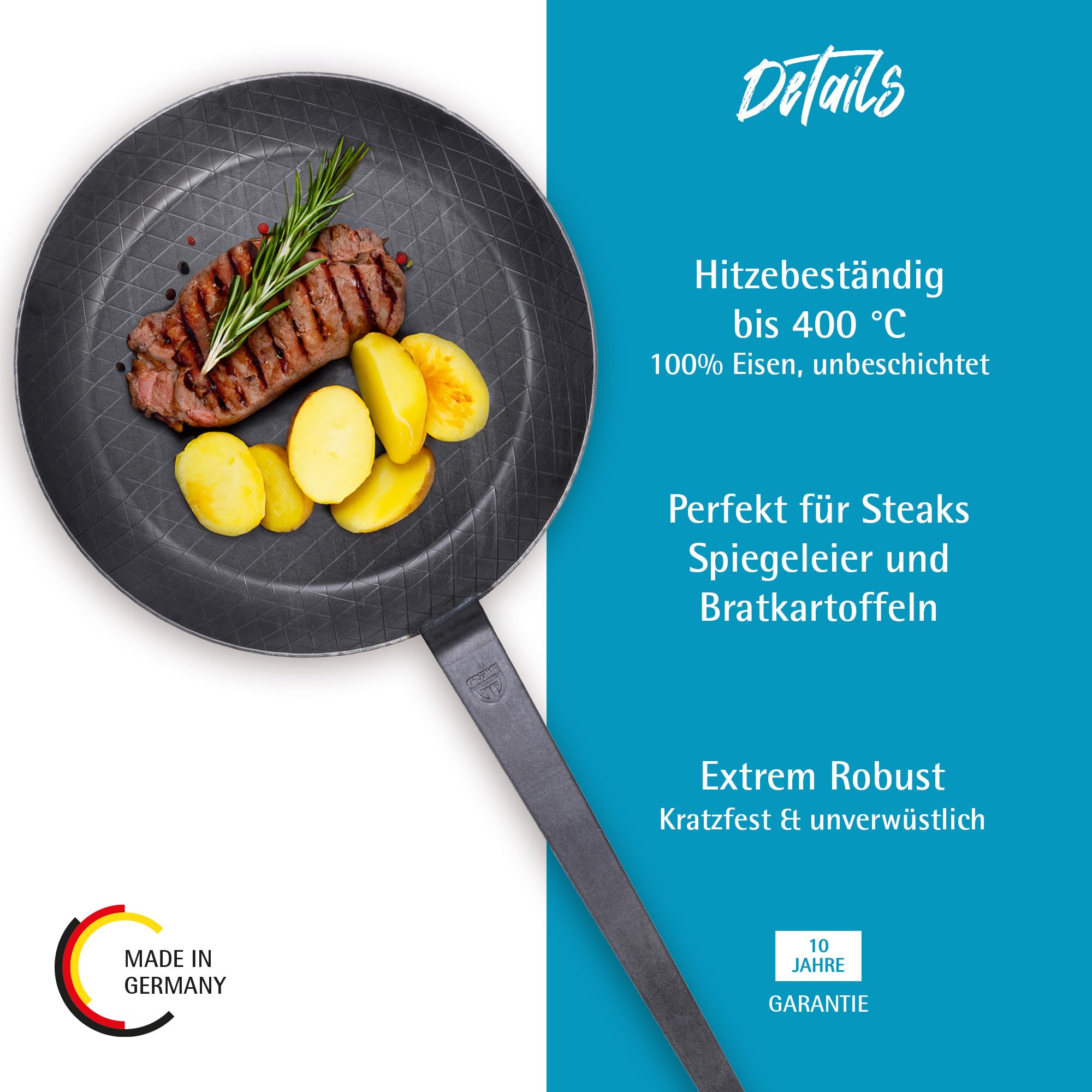 GRÄWE Schmiedeeiserne Bratpfanne F400, Ø 28 cm, hoher Rand, Eisenpfanne mit Wender, 400° C hitzebeständig, Pfanne aus Eisen, kratzfeste Bratpfanne, unbeschichtet, Outdoor-Cooking, induktionsgeeignet
