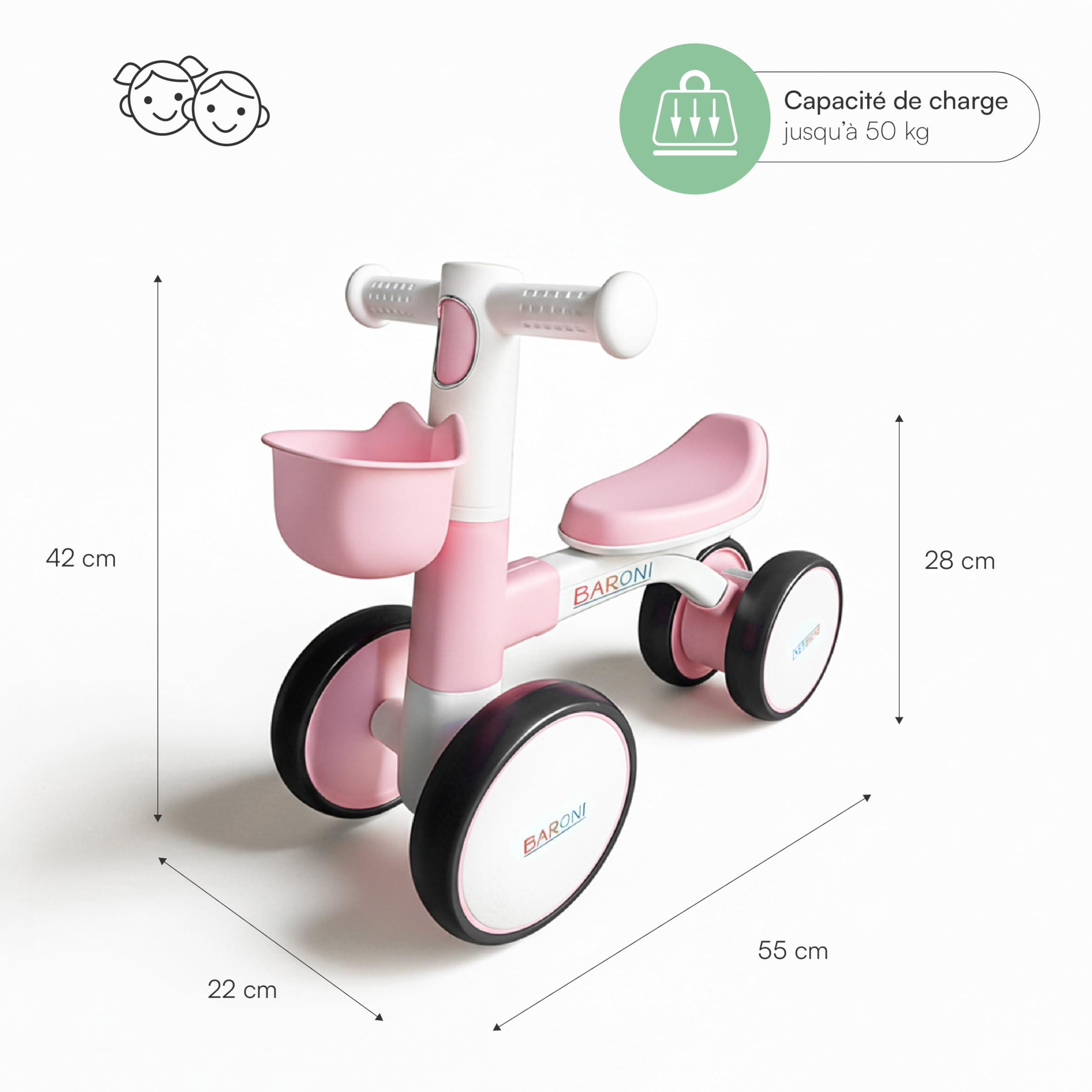 Baroni Toys Bici Senza Pedali Rosa a 4 Ruote per Bambini dai 3 Anni, Primi Passi con Luci e Suoni, Cestino Portaoggetti, Balanced Bike, Ideale per Sviluppo Motorio e Coordinazione, 55x22x42cm