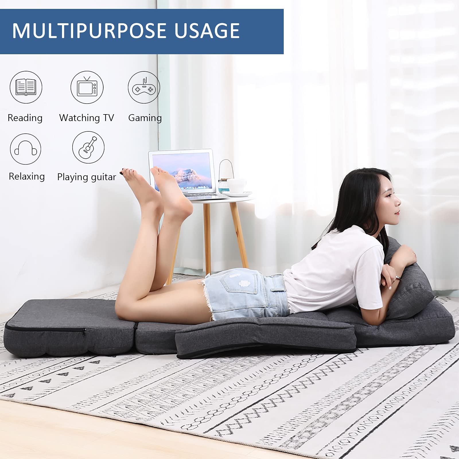 Silla Suelo Ajustable en 42 Posiciones, Sofa Suelo 4-en-1 Plegable, Silla de Piso con Respaldo para Dormir Solo, Silla de Suelo Plegable (Grey) 8803