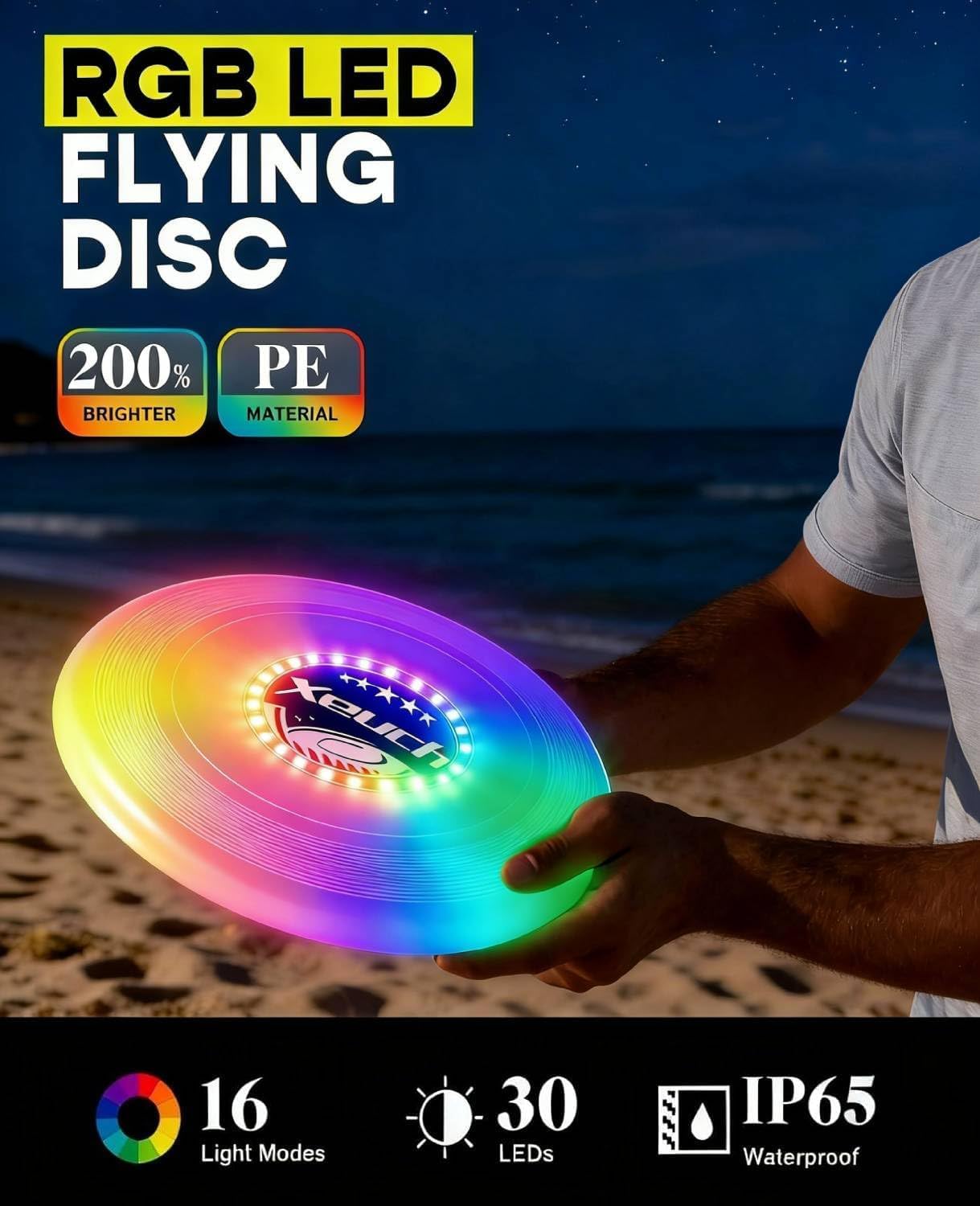 Xeuch Paquete de 2 discos voladores iluminados, disco brillante con 30 LED RGB, 16 modos de luz, 4 brillo, tiempo de reproducción de 6 horas, temporizador y sensor integrados, 175 g, regalos de