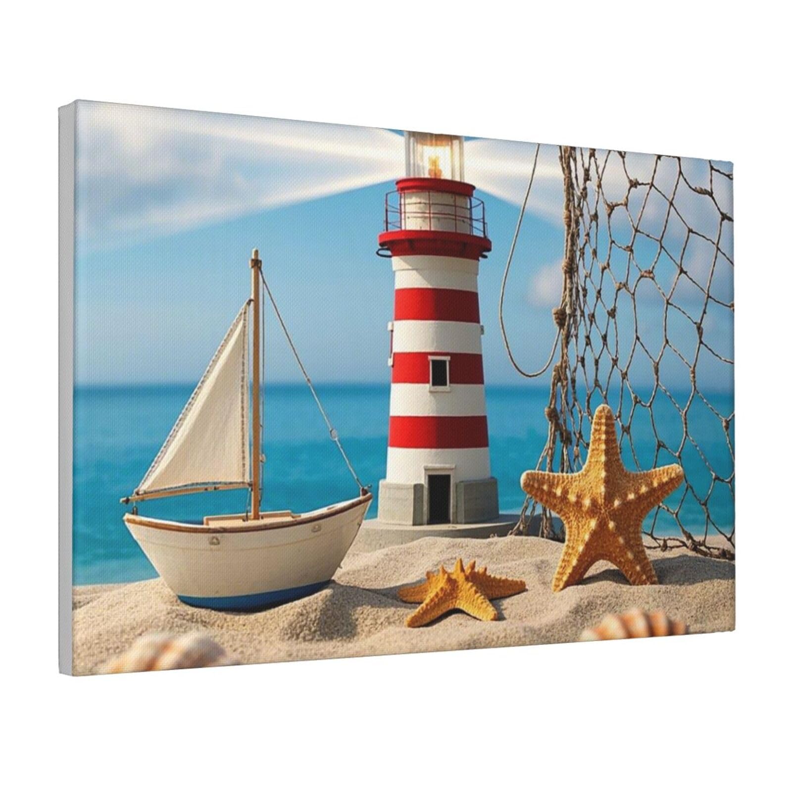 Framed Wall Art for Living Room Art Work, Nautical Shell Ocean Lighthouse Starfish Picture Prints Modern Office Wall Paintings Poster Aesthetic Wall Decorations for Home Decor Ready To Hang 12"x18"