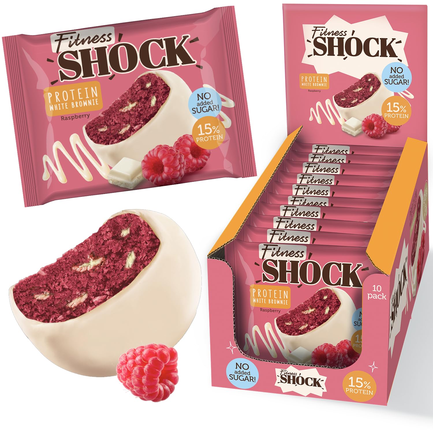 Sponsored Ad – Protein Brownie White Chocolate, No Added Sugar, 15%/7,5g Protein, 233kcal, Pre/Post Workout Snack - No Palm Oil, Filling dietary fibre, Soft Texture, 10x50g - Raspberry flavour