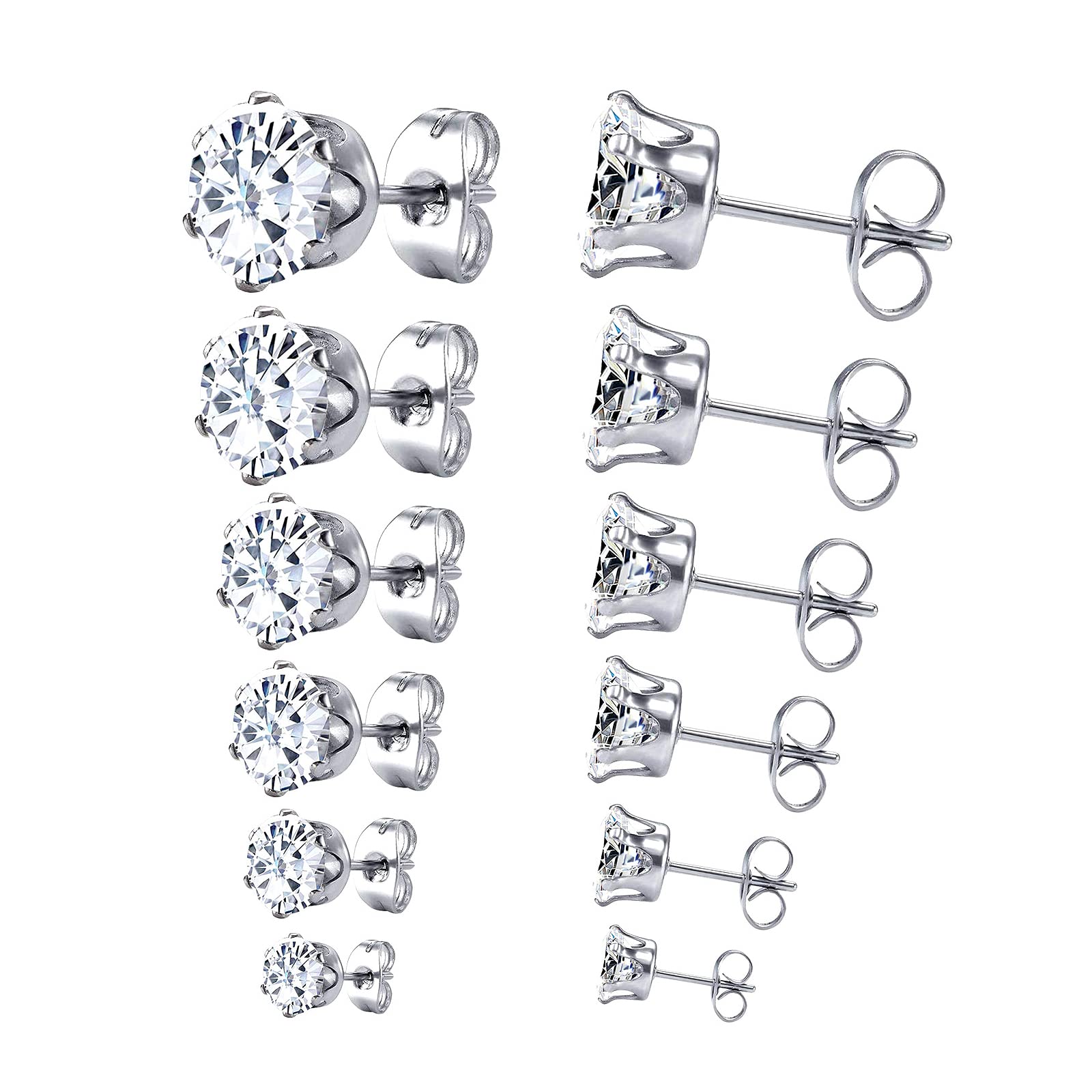 Lebosipi Stainless Steel Cubic Zirconia Stud Earrings Elegant Jewelry For Womens Mens, Round White Zircon Fashion Stud Earrings 6 Pairs Set For Girls Boys, 3mm/4mm/5mm/6mm/7mm/8mm Size