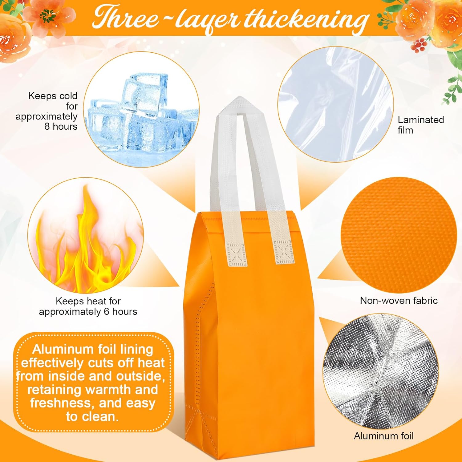 Windyun 100 Pcs Insulated Take Away Bags Bulk Disposable Insulated Lunch Bags for Food Takeaways Coffee Milk Tea Hot Cold Food Fresh Seafood Cooler Restaurant Grocery, 4.7 x 11 x 4 Inches (Orange)