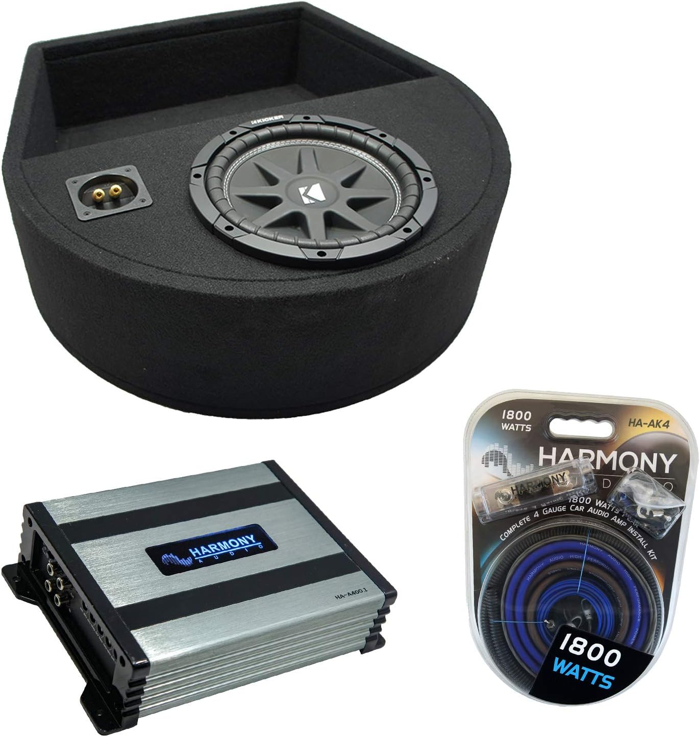 Harmony Audio Universal Replacement Spare Tire Well Kicker Bundle Comp C10 Single 10 Sub Box Harmony HA-A400.1