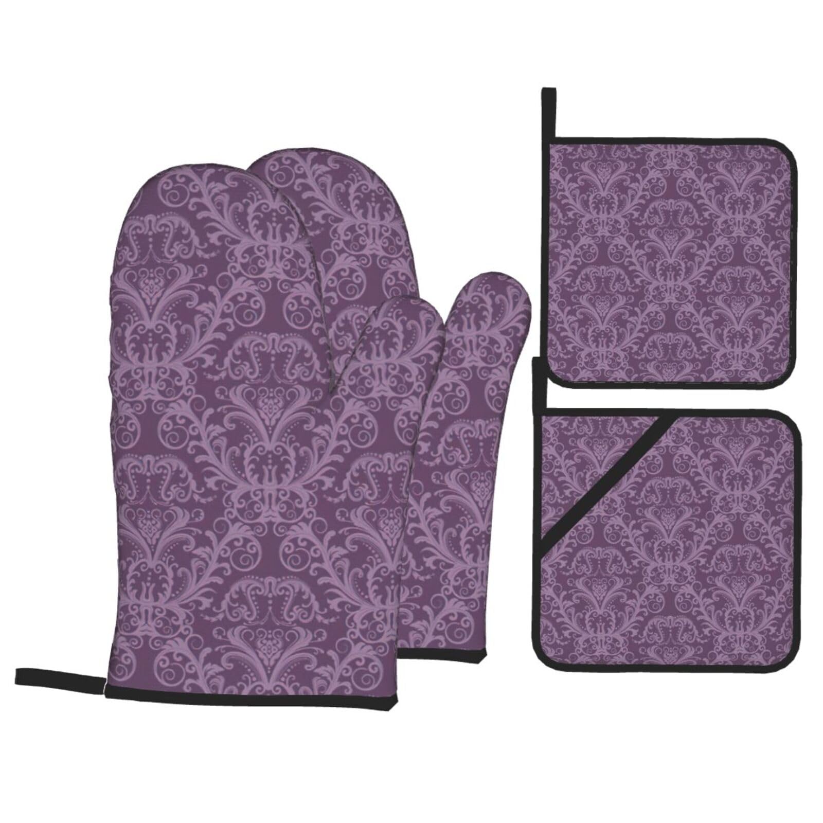 Nimongt Black Purple Print Heat-Resistant 4-Piece Oven Kitchen Gloves For Baking Cooking Microwaving Essentials