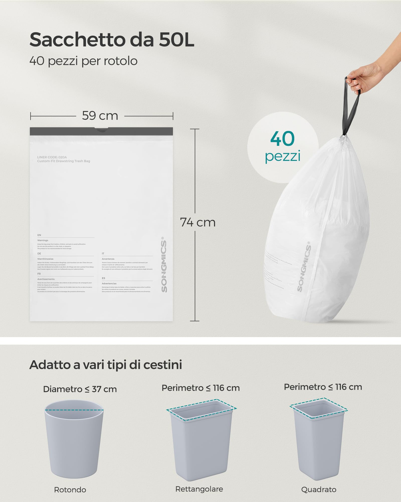 SONGMICS Sacchi Spazzatura, Sacchetti per Immondizia con Manici a Cordoncino, Sacchi per Pattumiere da Cucina da 50L, Pre-separati, Codice 050A01, 2 Rotoli, 80 Pezzi, Bianco KRB050A02
