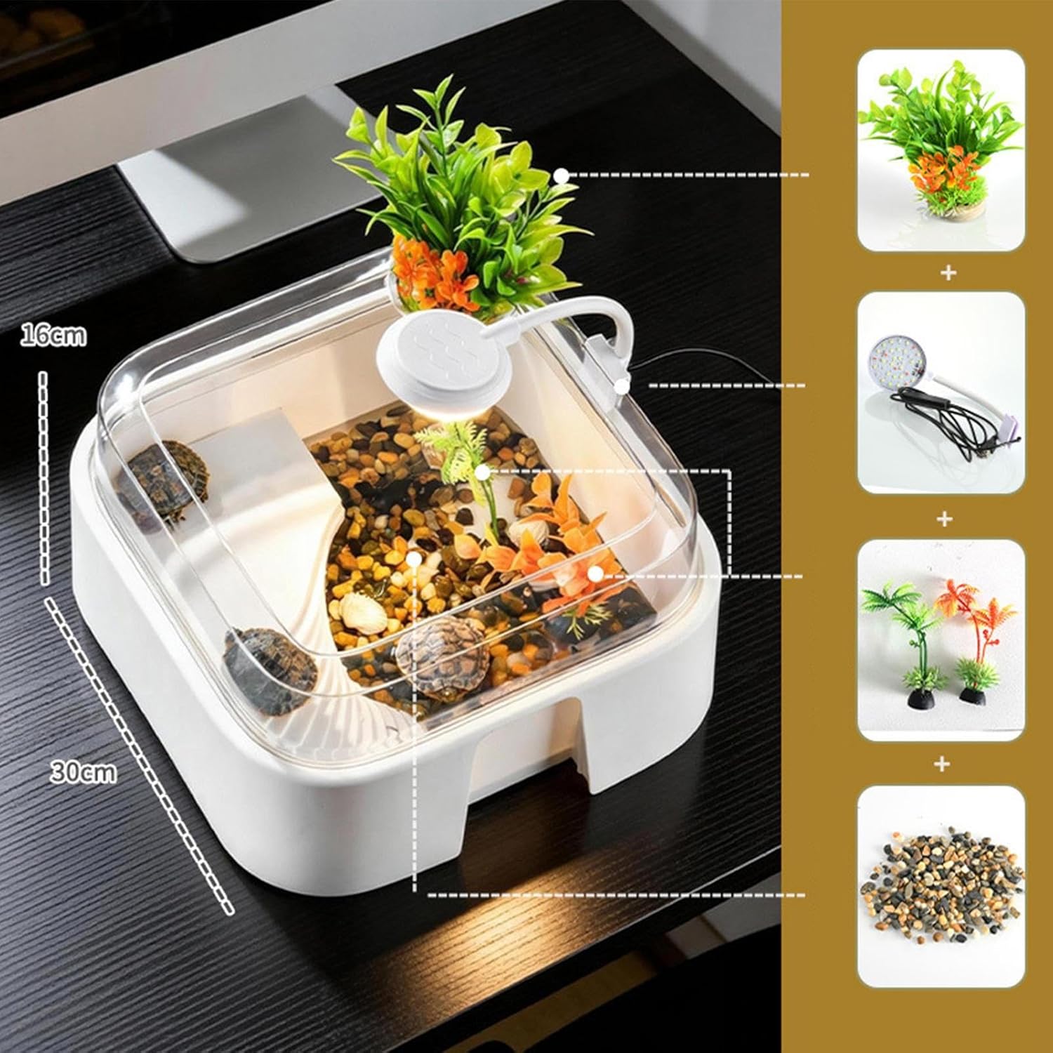 Turtle Aquarium, Escape-Proof Terrarium with LED Light, Turtle and Reptile Habitat, Durable Transparent Design, for Hermit Crabs, Tortoises, Bearded Dragons, Snakes, Spiders, Indoor Home, Office