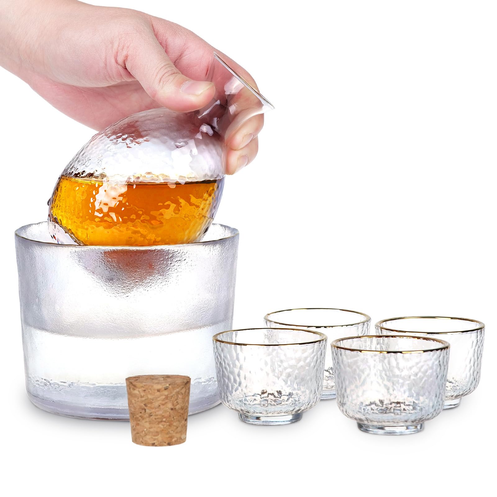 Set di sake giapponese, in vetro, 6 pezzi, con caraffa e ciotola di conservazione calda, servizio di ciotole per sake