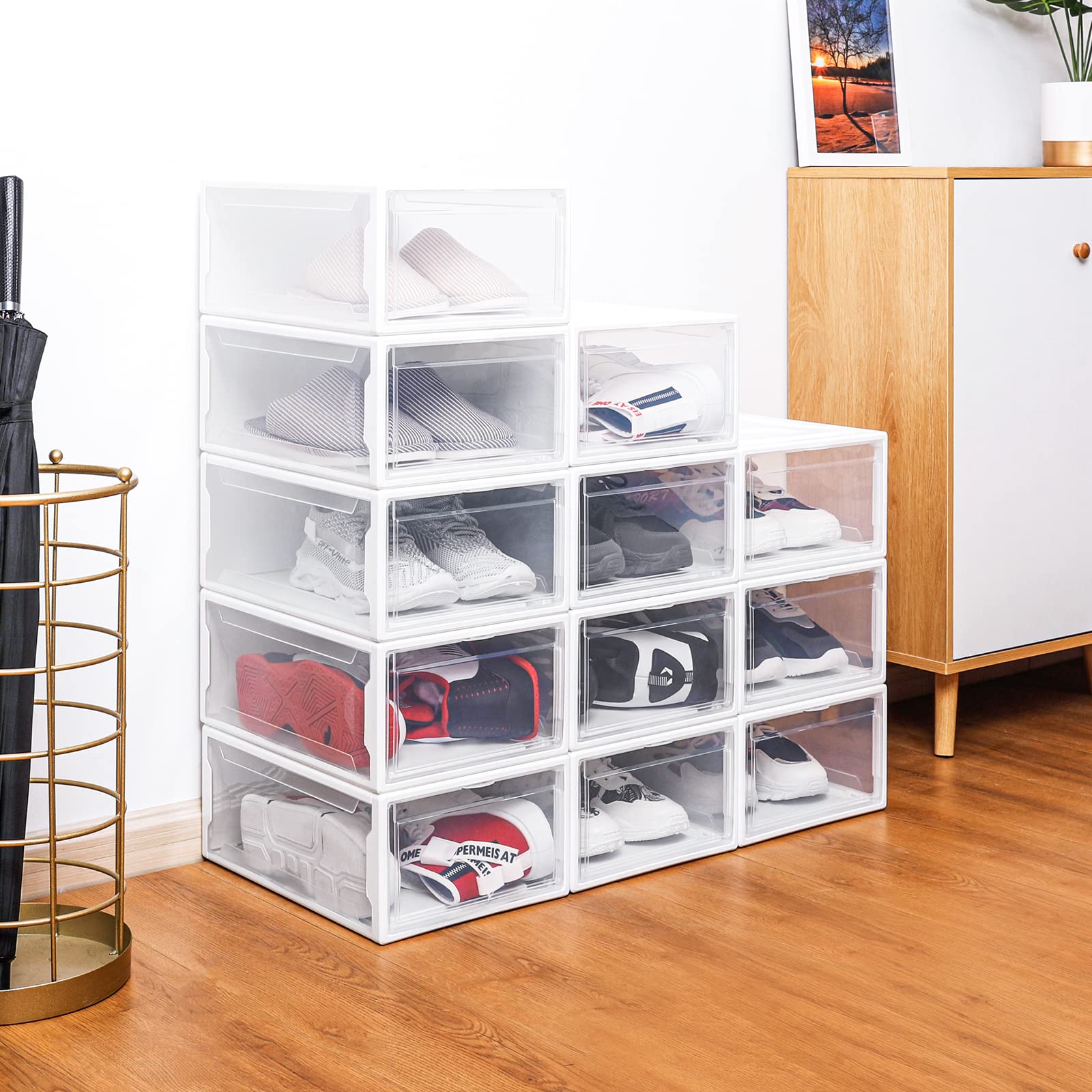 YORBAY Cajas de Zapatos apilable,Juego de 3, Transparente Ahorro de Espacio Rígida hasta la Talla 48 reutilizable